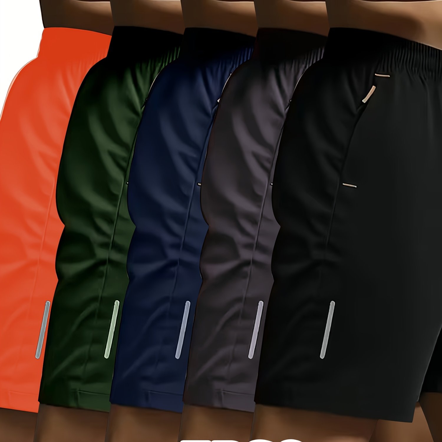 TEMU 5pcs Mixed Pc Of Men's Sporty Casual Shorts In Black, Gray, Navy Blue, Army Green, And Orange. Reflective Strip Print Design, Dual-side Zipper