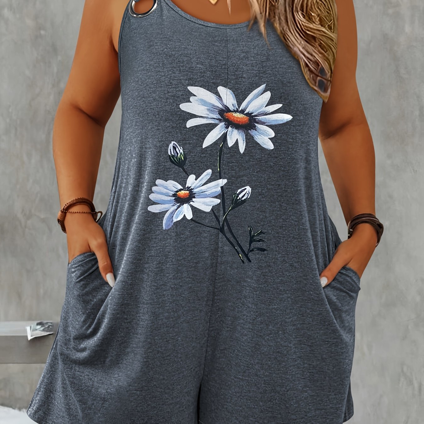 E-shop Damens Overall mit Blumenmuster - Lässige Eleganz mit Rundhalsausschnitt, Seitentaschen & Mitteldehnbarer Stoff, Ganzjahresmaschinenwaschbares