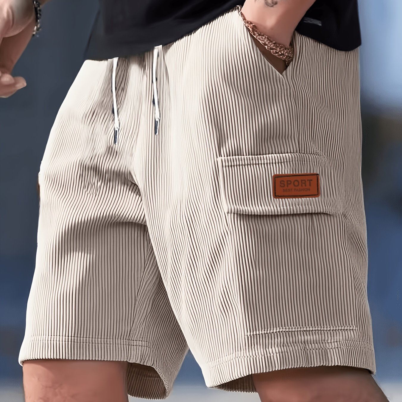 TEMU 1 Pair Of Men's Spring/summer Fashion Casual Cargo Corduroy Shorts With Multiple Pockets And Drawstring Design, Suitable For Casual Sports,