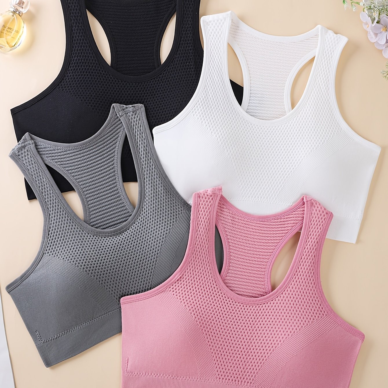 TEMU 4 pièces Soutiens-gorge de Sport pour Femmes à Dos Nageur avec Bonnets Amovibles - Hauts de Sport à Couverture Complète avec Dos Nu, Élasticité