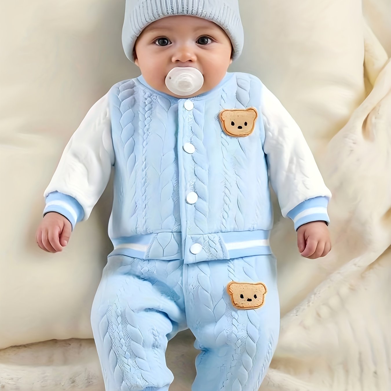 E-shop Dieses stylische zweiteilige Set besteht aus einer weißen Jacke mit einem blauen Bärenmuster, für neugeborene Jungen und ideal für Herbst- und