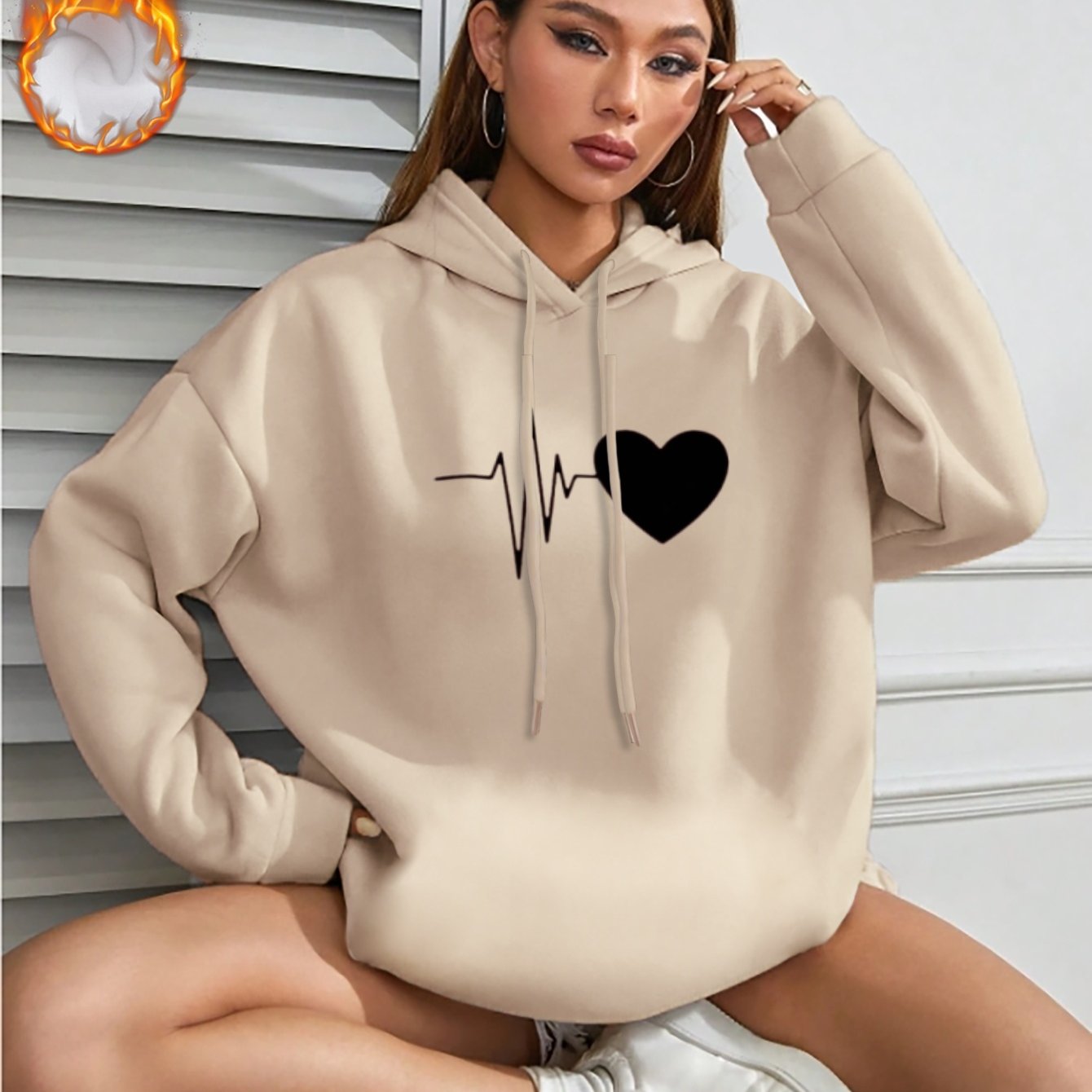 Heart-pattern Printed Trendy Fashion Women's Casual Sweatshirt With A Cap