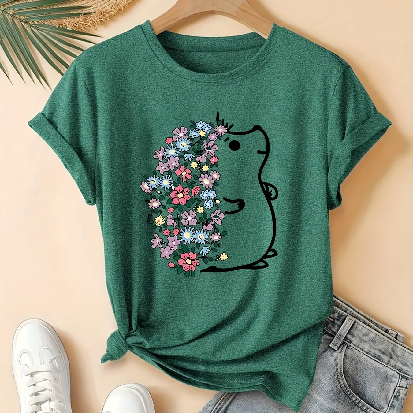 TEMU Plus Size Women's Casual Short Sleeve T-shirt - Cute Hedgehog & Colorful Floral Graphic Print, Round Neck, Breathable Medium Stretch Fabric,