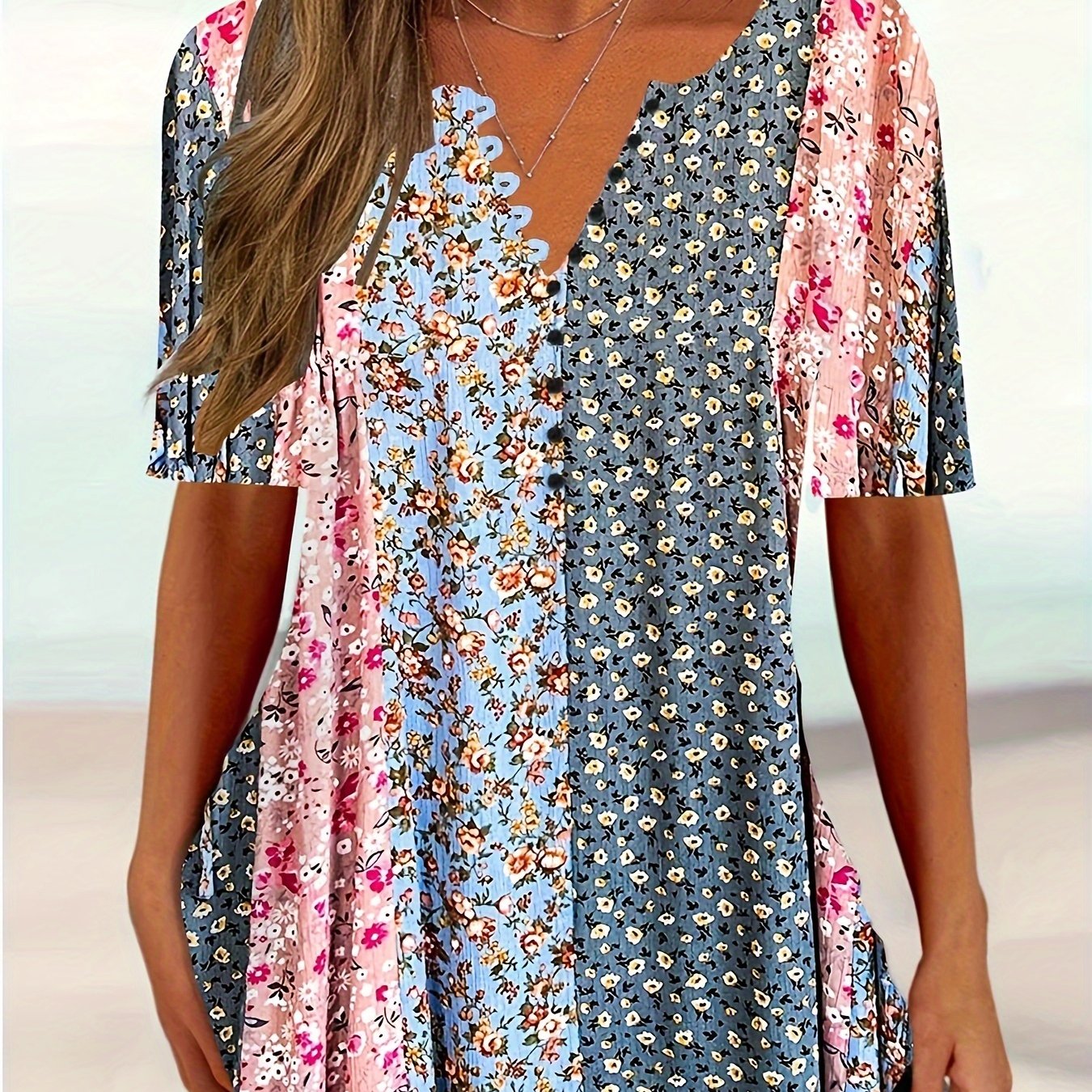 Artikelbild plus size damen v-ausschnitt kurzarmbluse - lockere passform knopfleiste casual top für frühling, sommer herbst