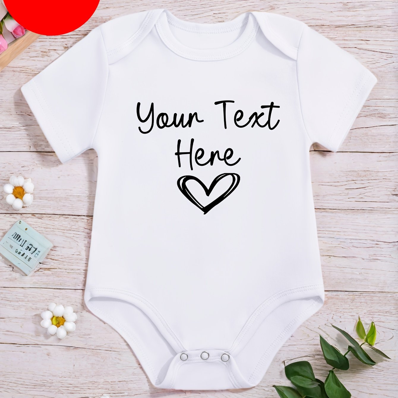 Image of Self- Your Text + Heart Print Pure Cotton Crew Neck Short Sleeve Romper For Boys And Girls, Spring/summer Casual Outing Children' Romper, Perfect For Outdoor