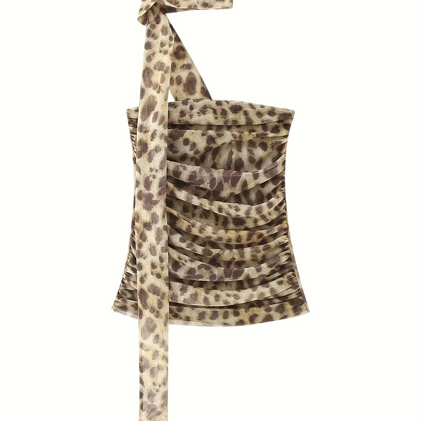 TEMU [popular ] Sexy Leopard Print Halter Top, Polyester Wrap Chest Shirt With Ruched Detail, Machine Washable - All