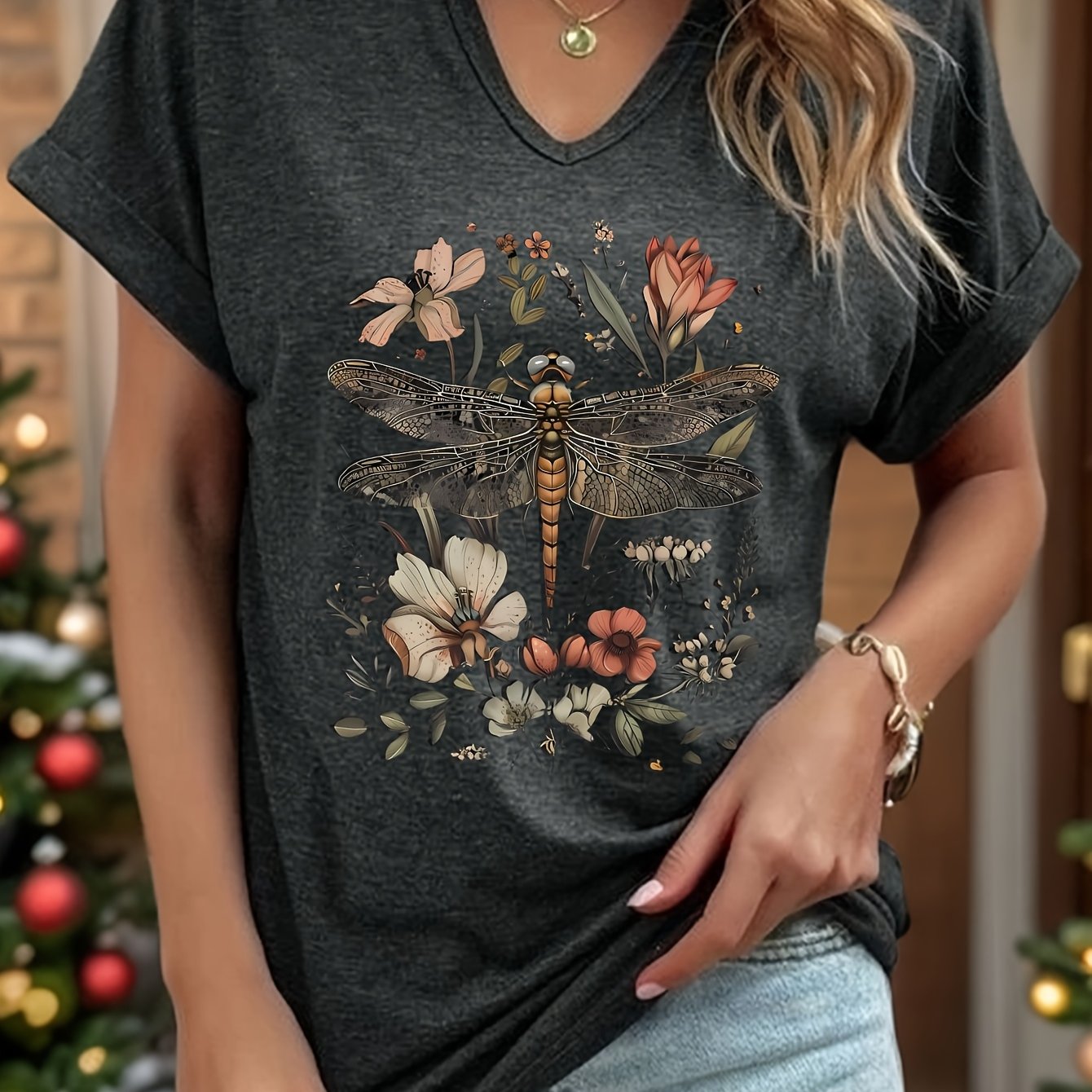 TEMU Women's Vintage Floral Dragonfly Print T-shirt - Soft V-neck Short Sleeve Top With Rolled Sleeves, Country Core Design, Machine Washable Regular