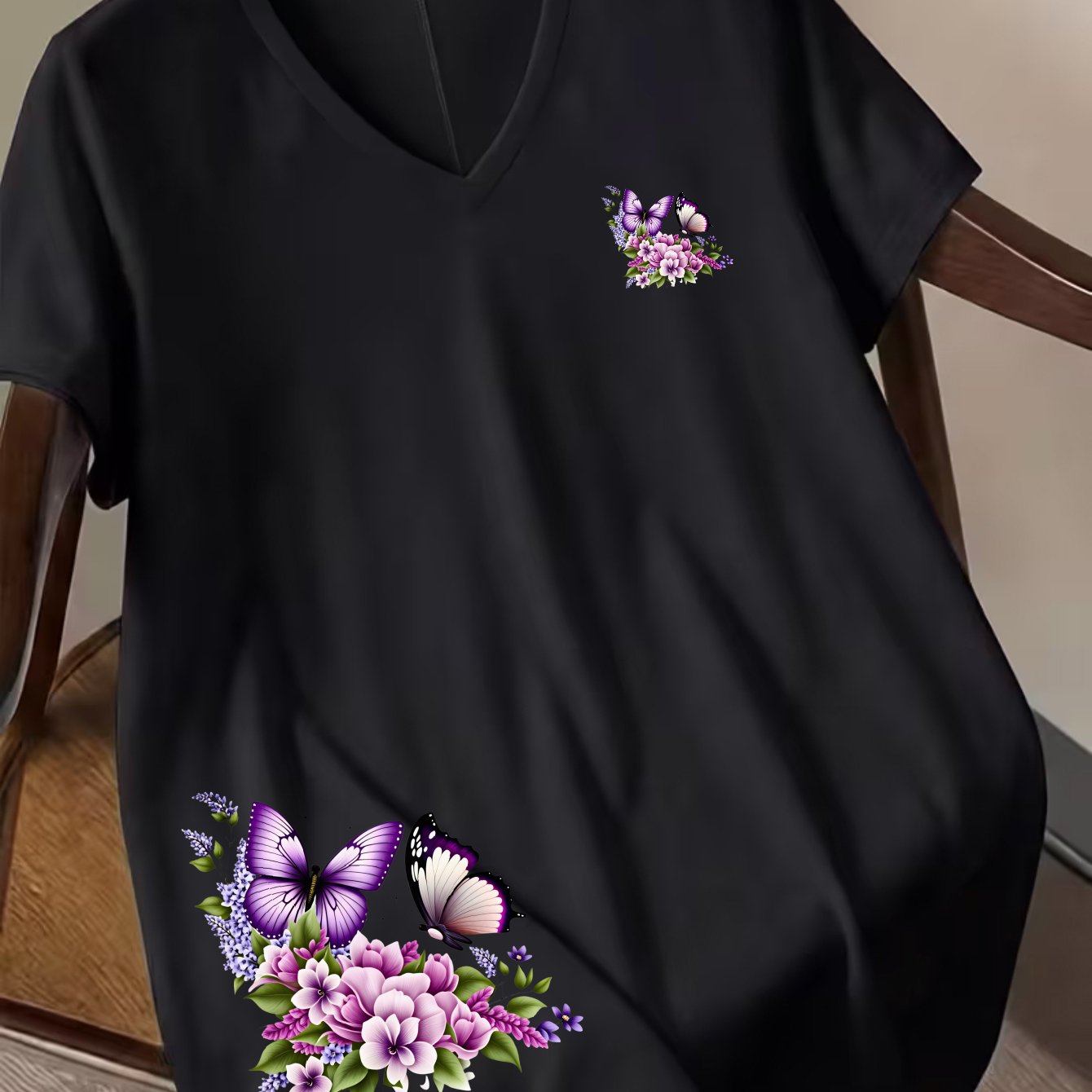 TEMU Plus Size - 1xl-8xl Plus Size - Summer Women's Plus Size Fashion V-neck Batwing Sleeve T-shirt, Extra Large Size, Purple And Print Design,