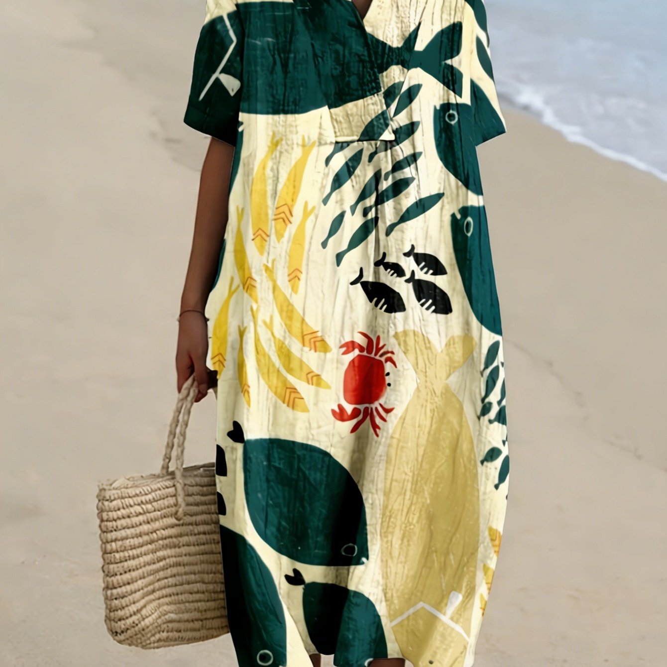 Plus Size, Large Size Women's Medium And Long Dress A-shaped Skirt Vacation Leisure Fish And Printing Going Out On The Beach Loose Version Long Sleeve V Neck And Autumn
