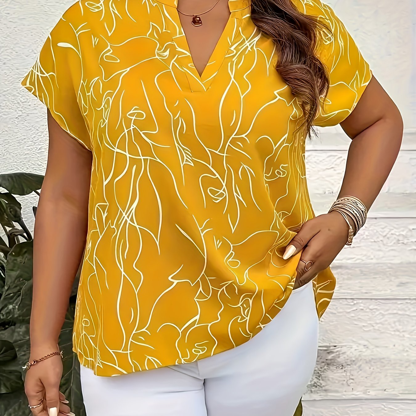 TEMU Plus Size, Women's Plus Size Yellow & White Striped Short-sleeve Blouse - Loose Fit Casual To Office Shirts, Machine Washable Long Tops For &