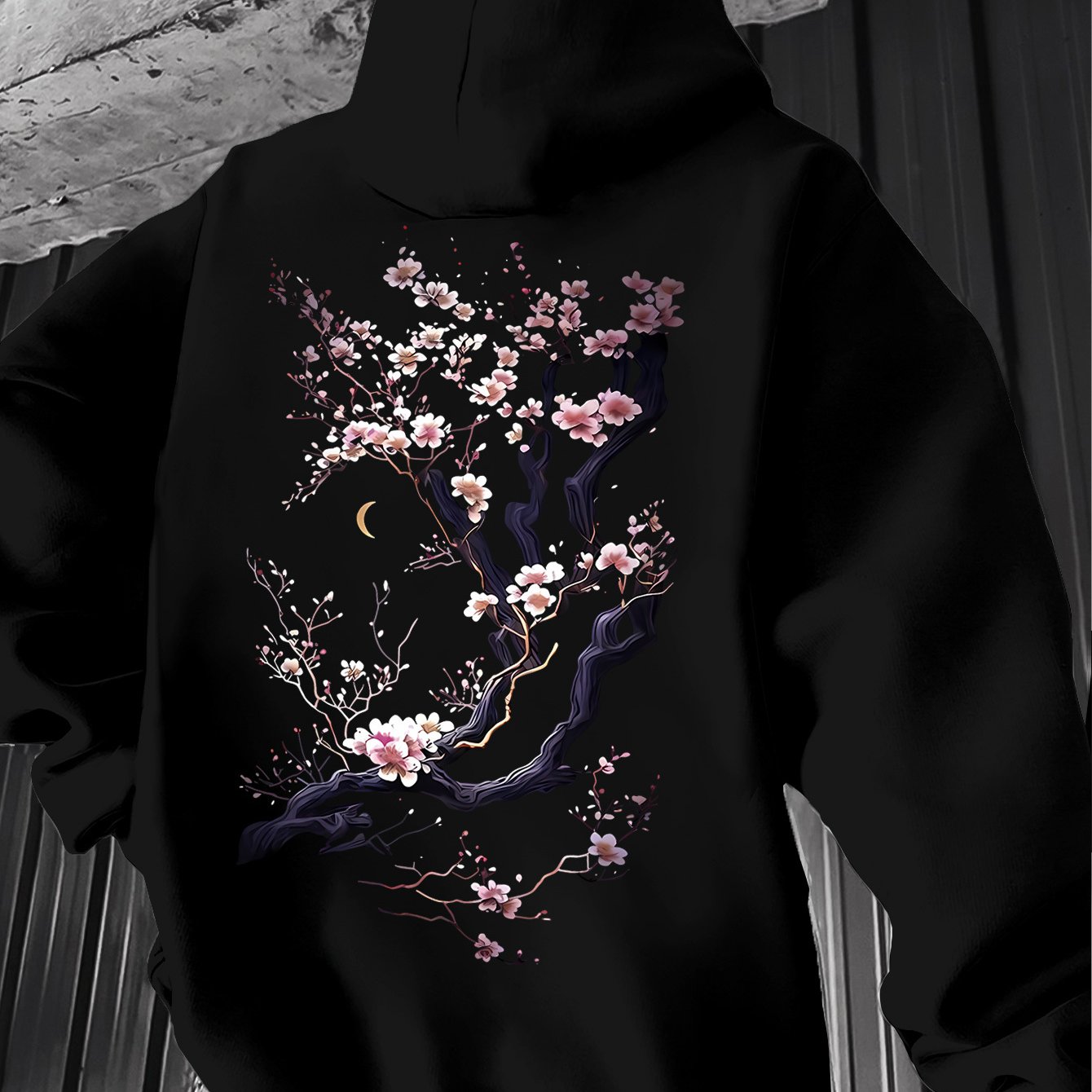 TEMU Men's Hooded Sweatshirt With Oriental Aesthetic Retro Ink Style Cherry Branch Design, All-match Style, Knit Fabric, Casual Fit, Plus Size