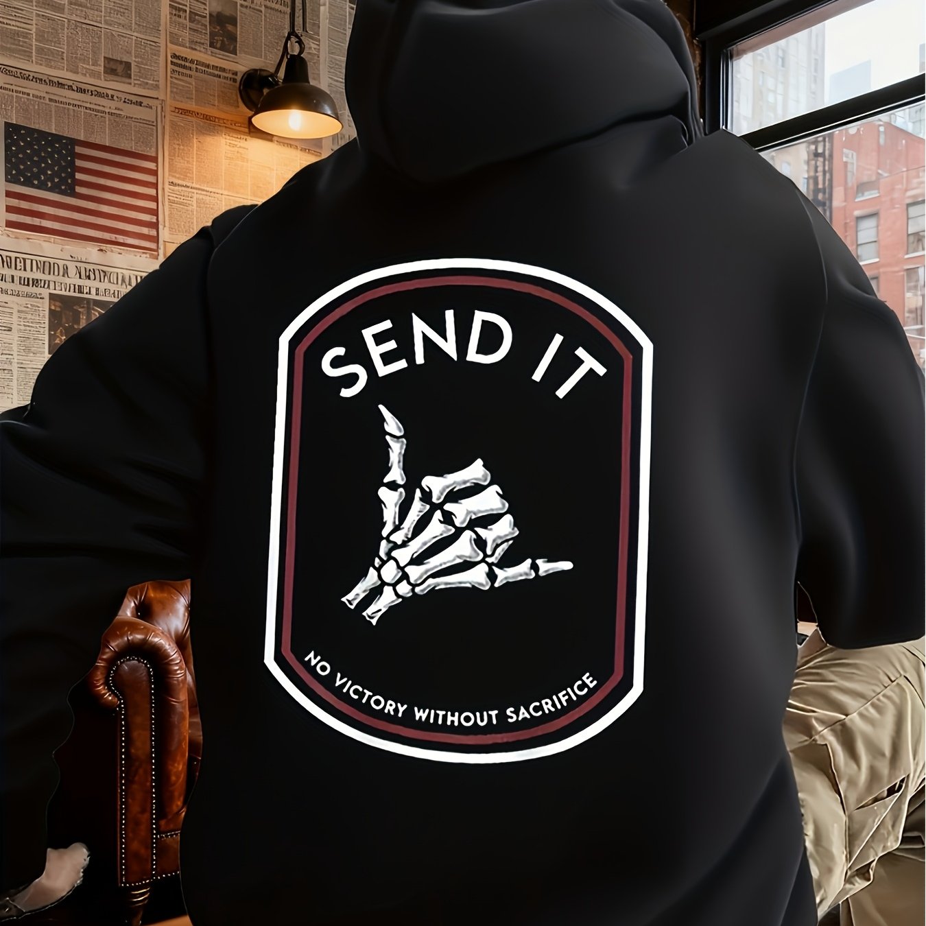 TEMU Men's Olive Green Hooded Sweatshirt With Graphic Print & No Victory Without Sacrifice Slogan Casual Streetwear Pullover Kangaroo Pocket
