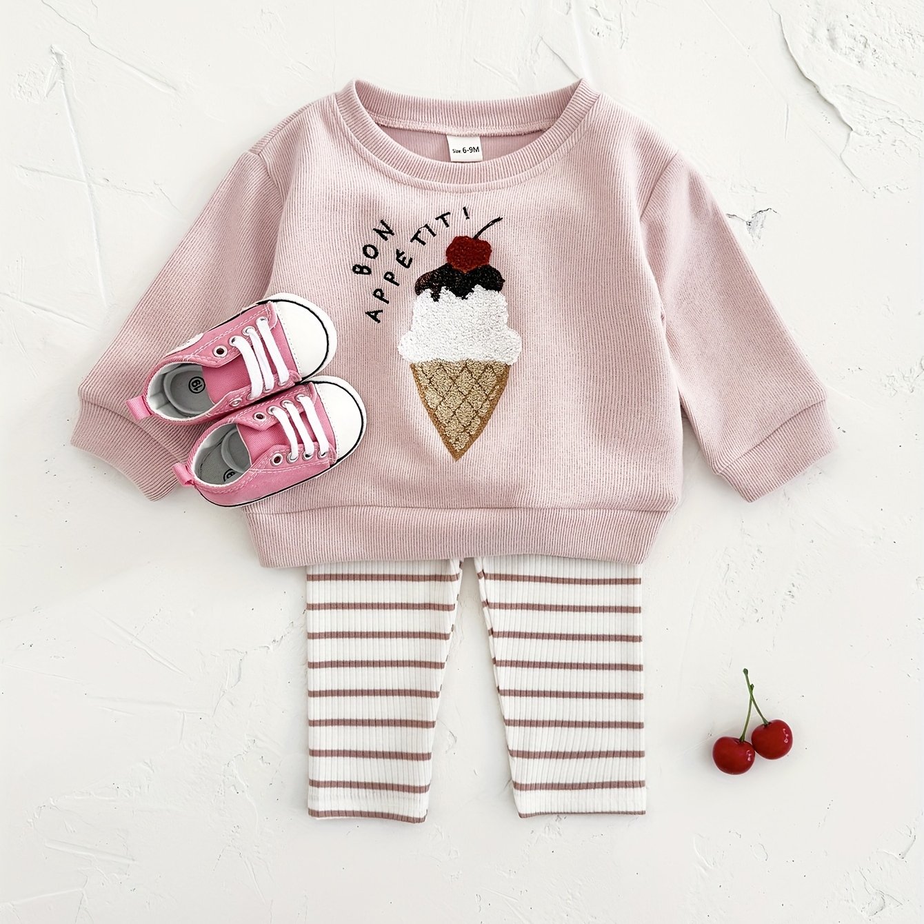 2pcs/set Infant Cartoon Ice Cream Embroidery Soft Comfortable Round Neck Baby Outdoor Casual Outfit And Striped Long Pants Spring Autumn, For Outdoor