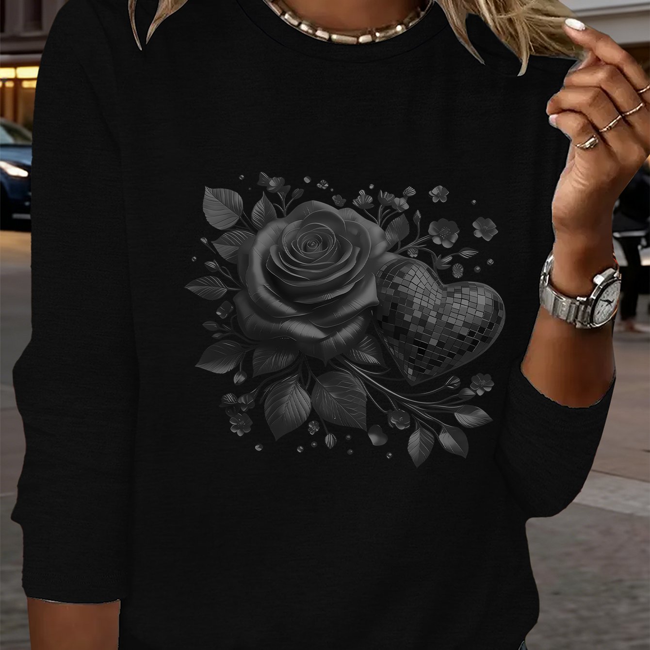 TEMU 1pc Black Rose Dark Mysterious Style Printed New Y2k Style Round Neck Long Sleeve Women's Sportswear Comfortable Breathable Elegant Daily Casual