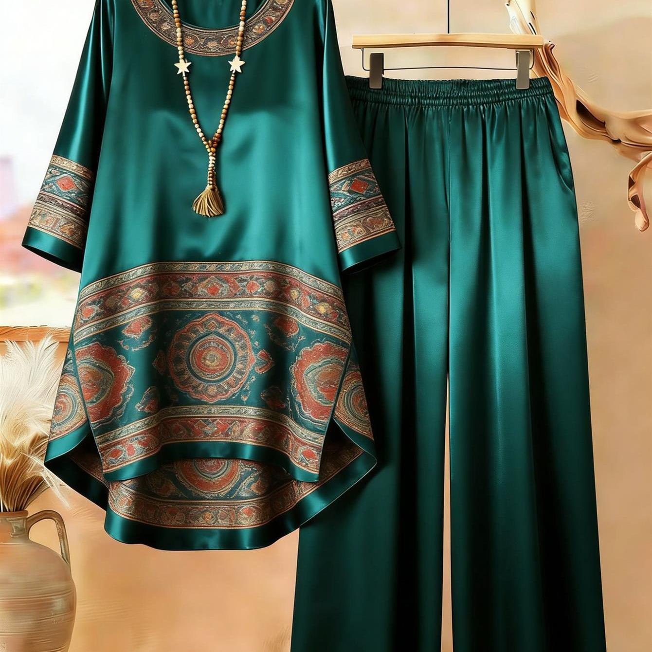 Image of Plus Size, Plus Size - Plus Size - Women Plus Size 2pcs Casual Outfit Satin Vintage Ethnic Mandala Pattern Loose Irregular Tunic Top Elastic High Waist Wide Leg Pants Elegant Loungewear Matching Set