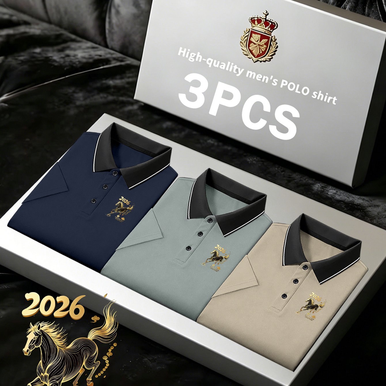 TEMU Three-pc S8 Style Men's Quick-dry Shirts, Featuring The 4847 Golden Horse Print Symbolizing And Wealth From All Directions. Breathable And