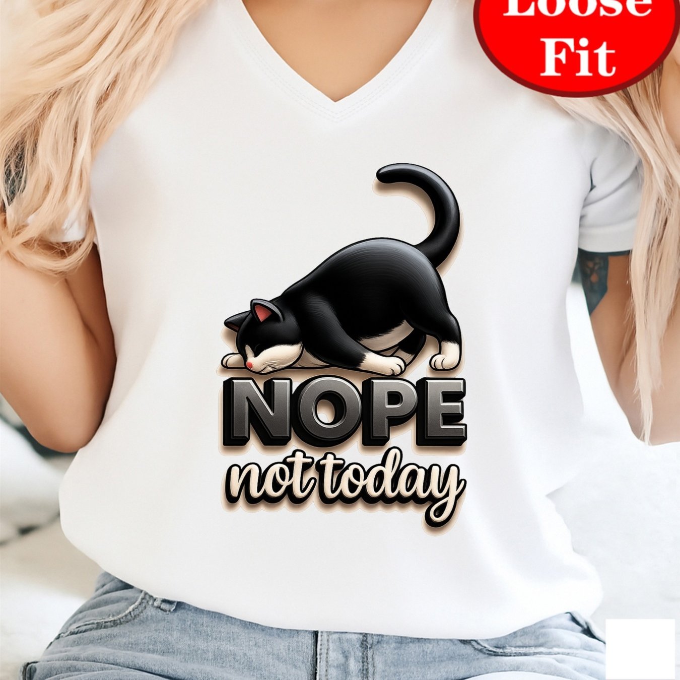 TEMU Women's Plus-size "nope Not Today" Cat Print V-neck T-shirt - Short Sleeve Blouse-compatible Top, -line Casual Summer Blouse Suitable For Casual