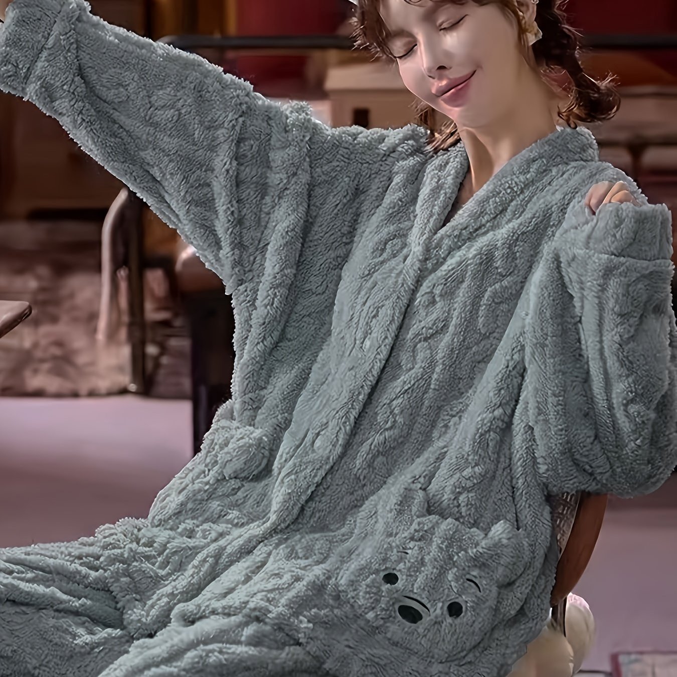 Cartoon Bear Fuzzy Pajama Set, Long Sleeve Crew Neck Top & Elastic  Waistband Pants, Women's Sleepwear & Loungewear