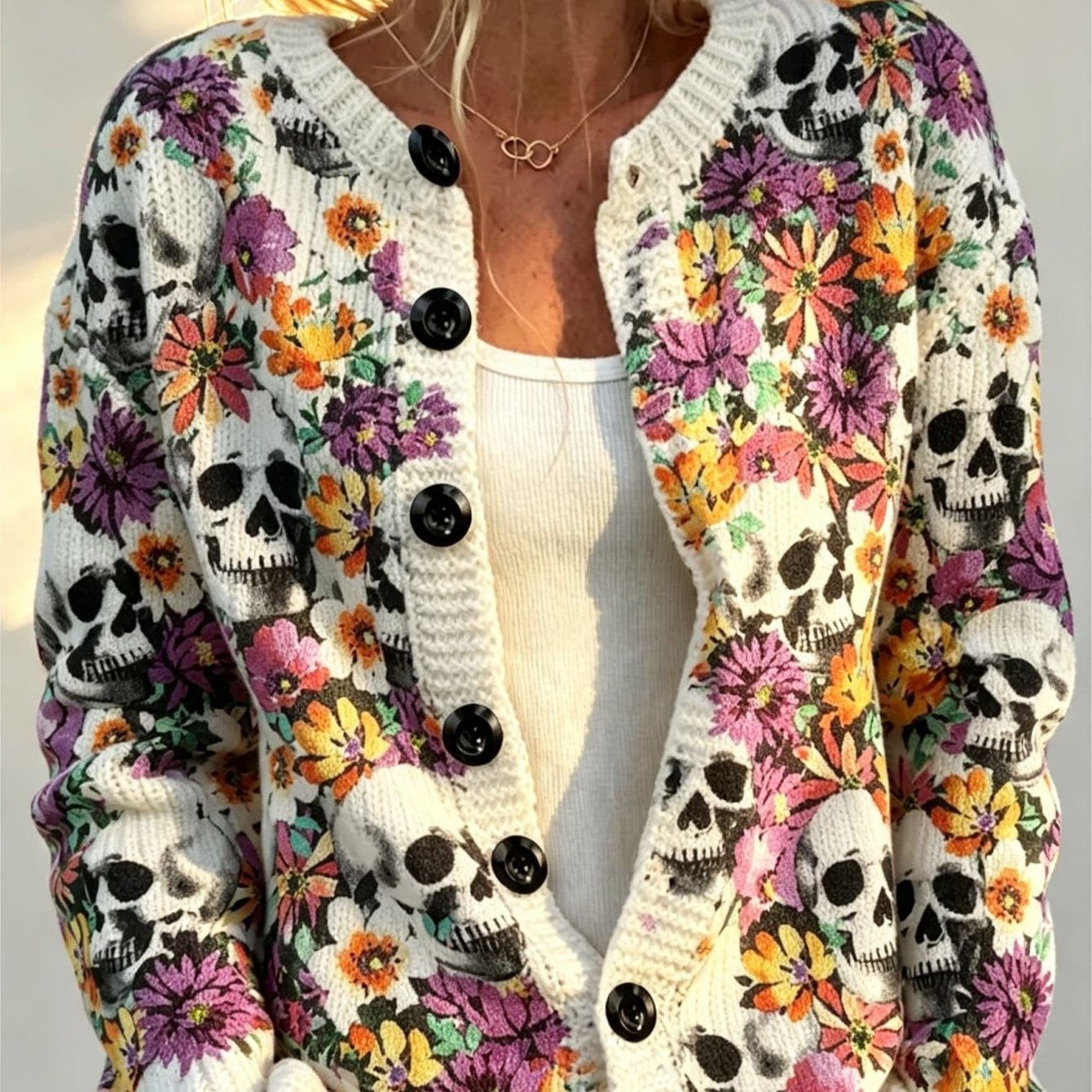 Image of Plus Size - Women's Floral Skull Print Cardigan, Round Neck Long Sleeve Front Button Jacket, Casual Loose Fit For Autumn, Winter, And Holiday Wear