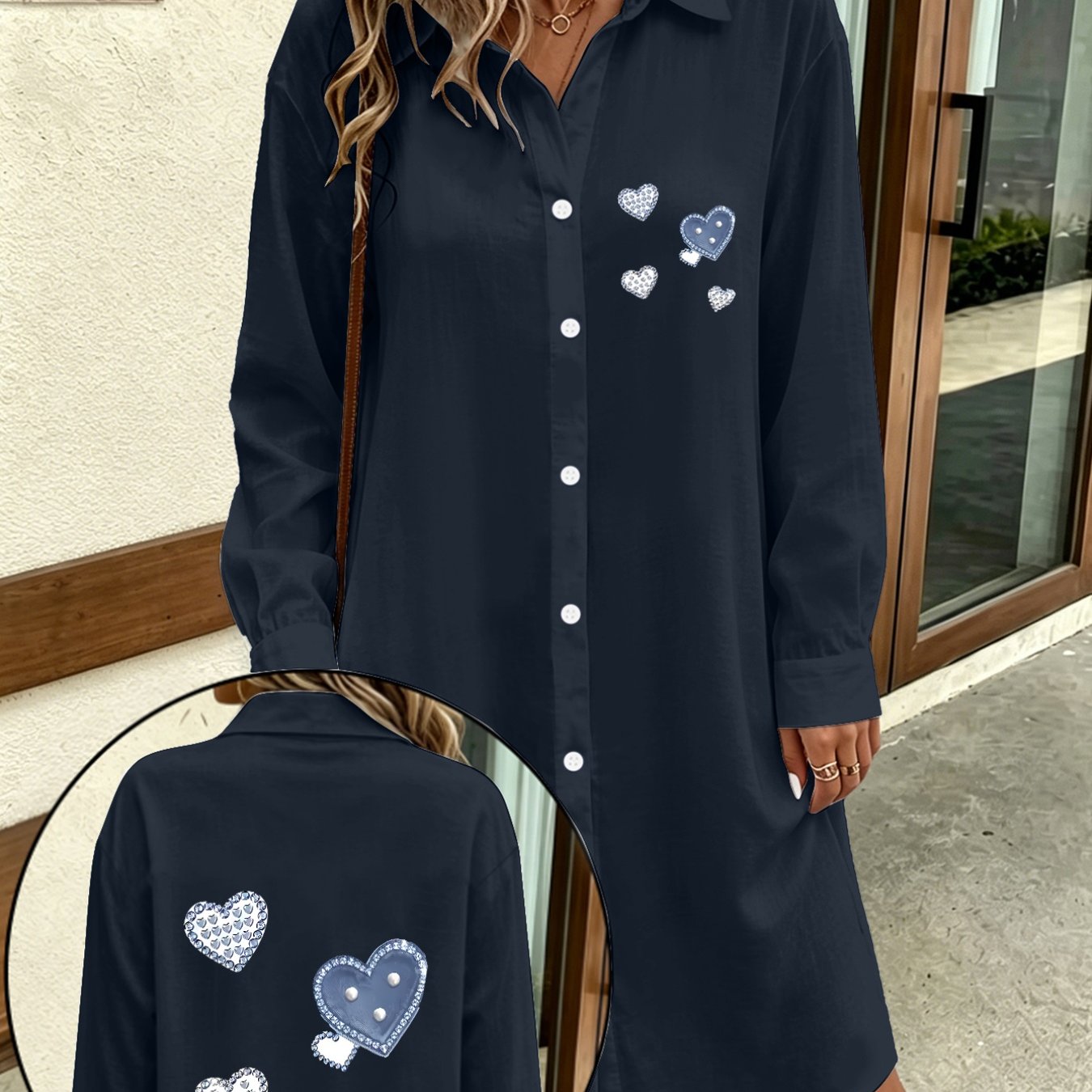 TEMU 1pc Long Sleeve Shirt With Heart-shaped Embellishments, Simple And Stylish Design For Daily Wear, Printed Summer New Arrival Y2k Style, Women's