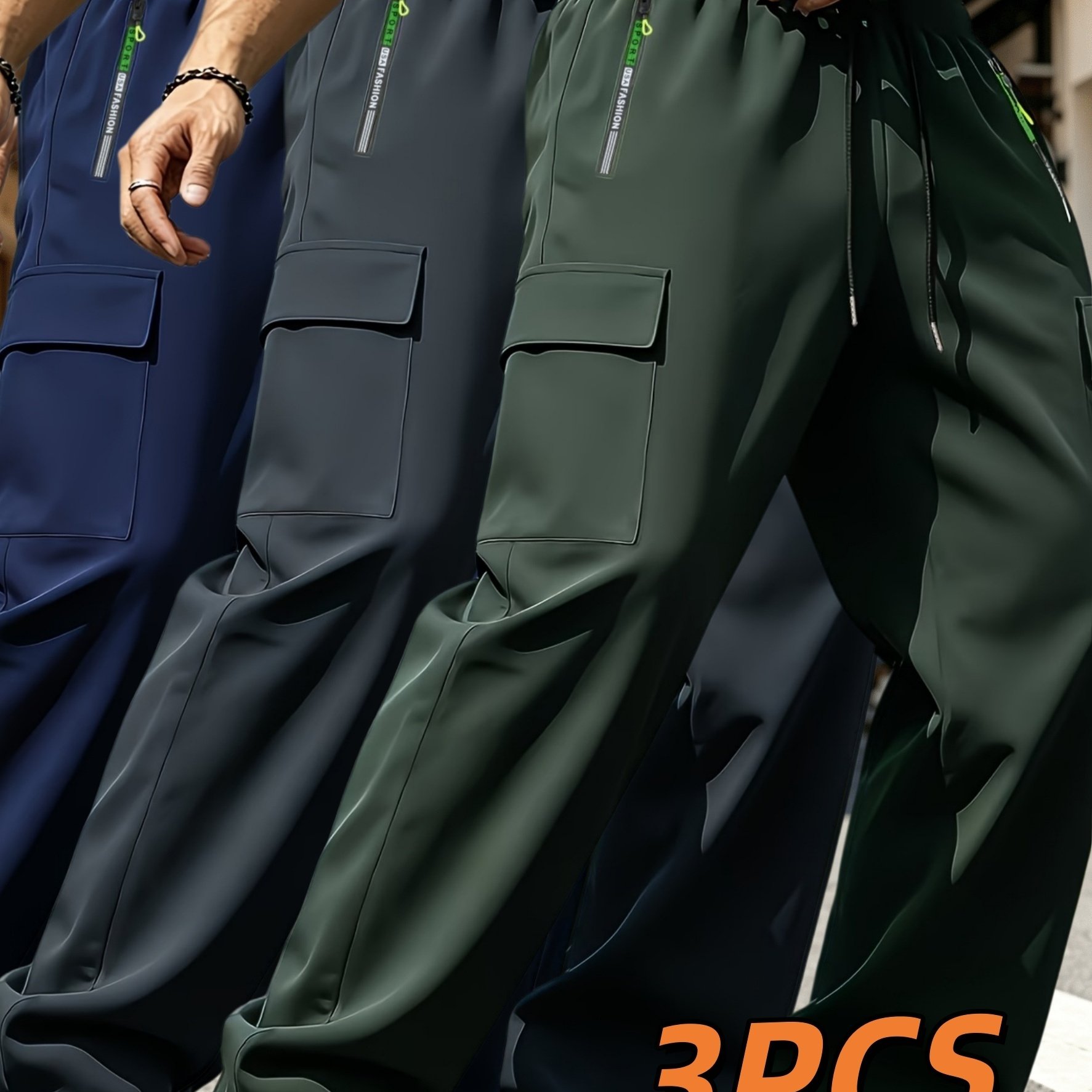 TEMU 3pcs Casual Men's Cargo Pants, Lightweight Zippered Athletic Multi-pocket Trousers, Elastic Waist Drawstring Design, Suitable For Training,