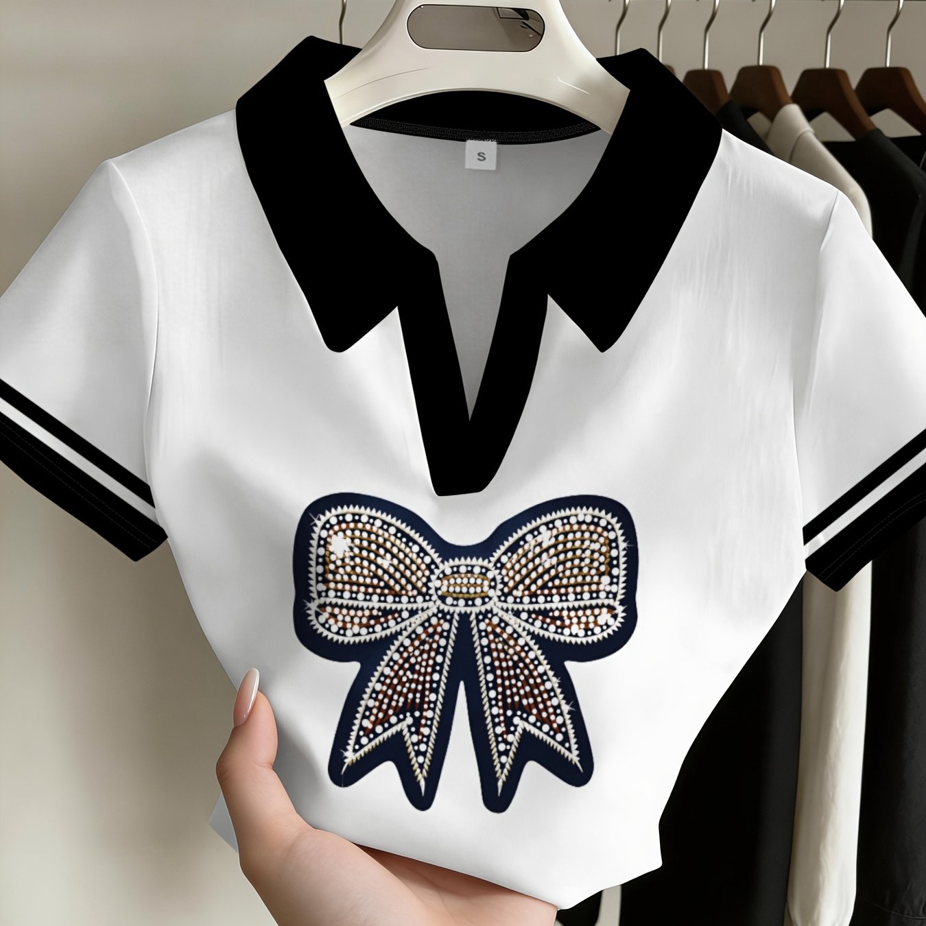 TEMU Fashionable Women's Printed Short-sleeved Top Preppy Style Easy All-match Daily Trendy Item Summer New Comfortable Breathable Slim Fit