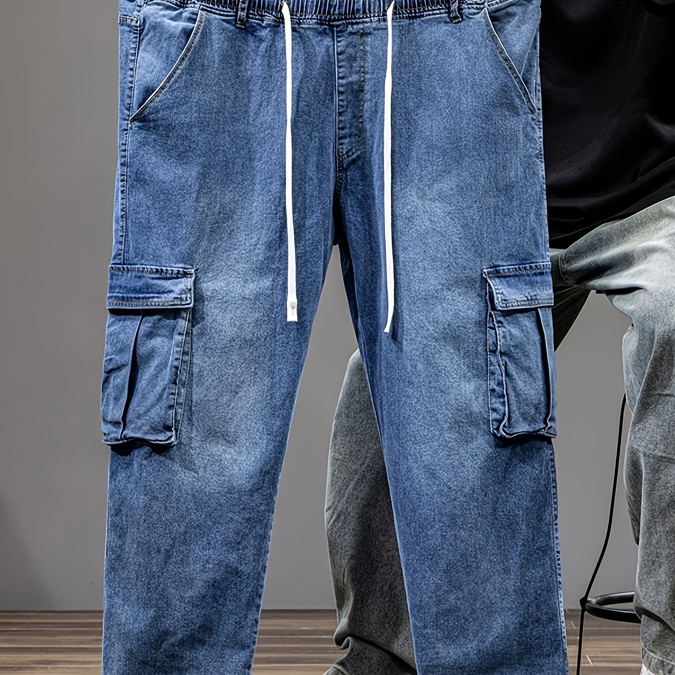 TEMU Plus Size Men's Elastic Waist Cargo Jeans, Spring Summer Loose Wide Leg Big & Tall Casual Denim Pants, Plus Size