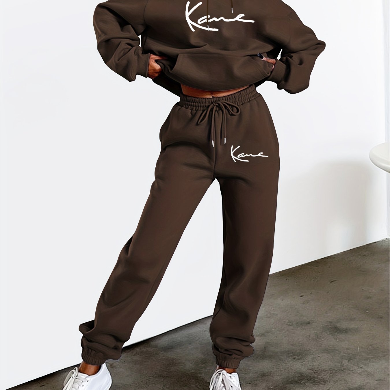 E-shop Damen Slogan Print Drop-Shoulder Casual Kapuzenpullover Sweatshirt mit Casual Kordelzug Sweatpants, Halloween Kostüm, Weihnachtskostüm, Party