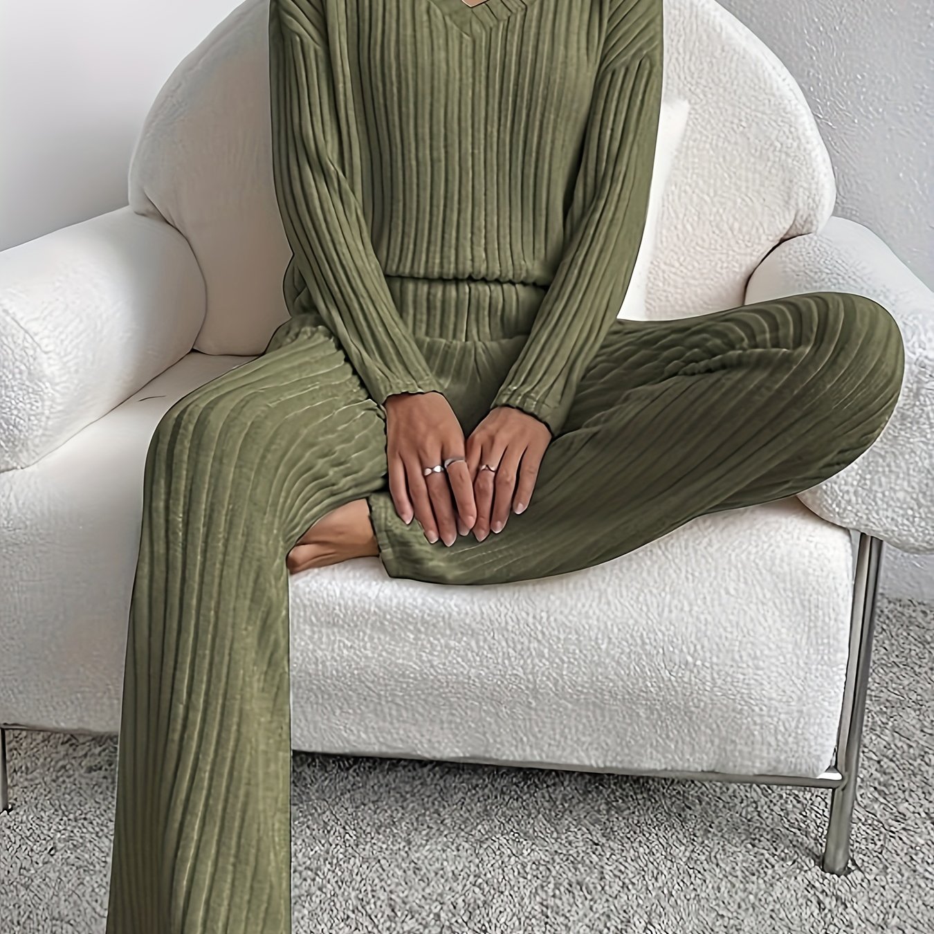 TEMU Women' Ribbed Set, Drop Shoulder Long Sleeve V Neck Top & Pants, Comfortable Relaxed Fit For Fall & Winter