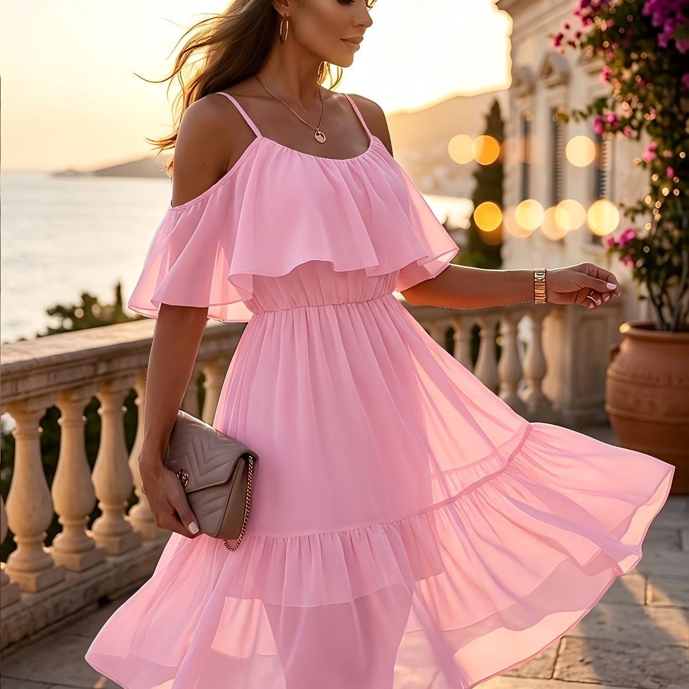 TEMU Elegant Solid Color Spaghetti Straps Mesh Dress