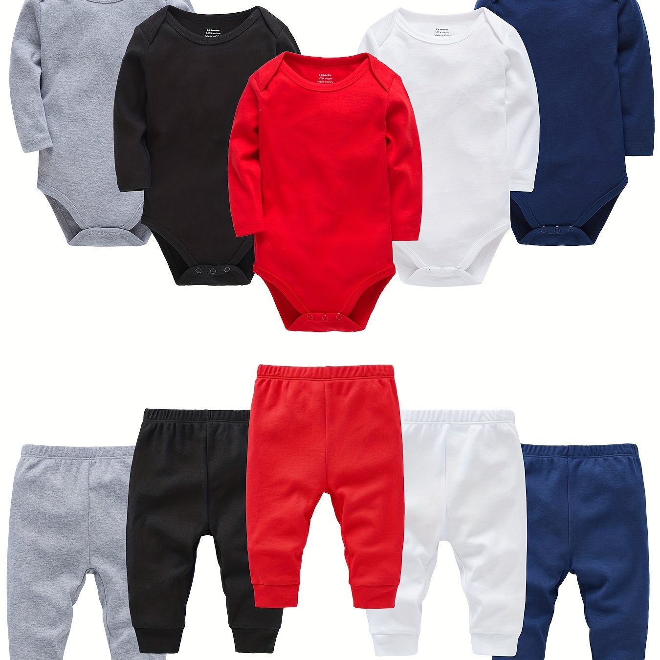 TEMU 10pcs (5 Bodysuits & 5 Pants) Boys' Cotton Baby Clothes - Newborn Onesies With Snap-free Pull-on Pants, Round Neck Long Sleeve Bodysuits, Solid
