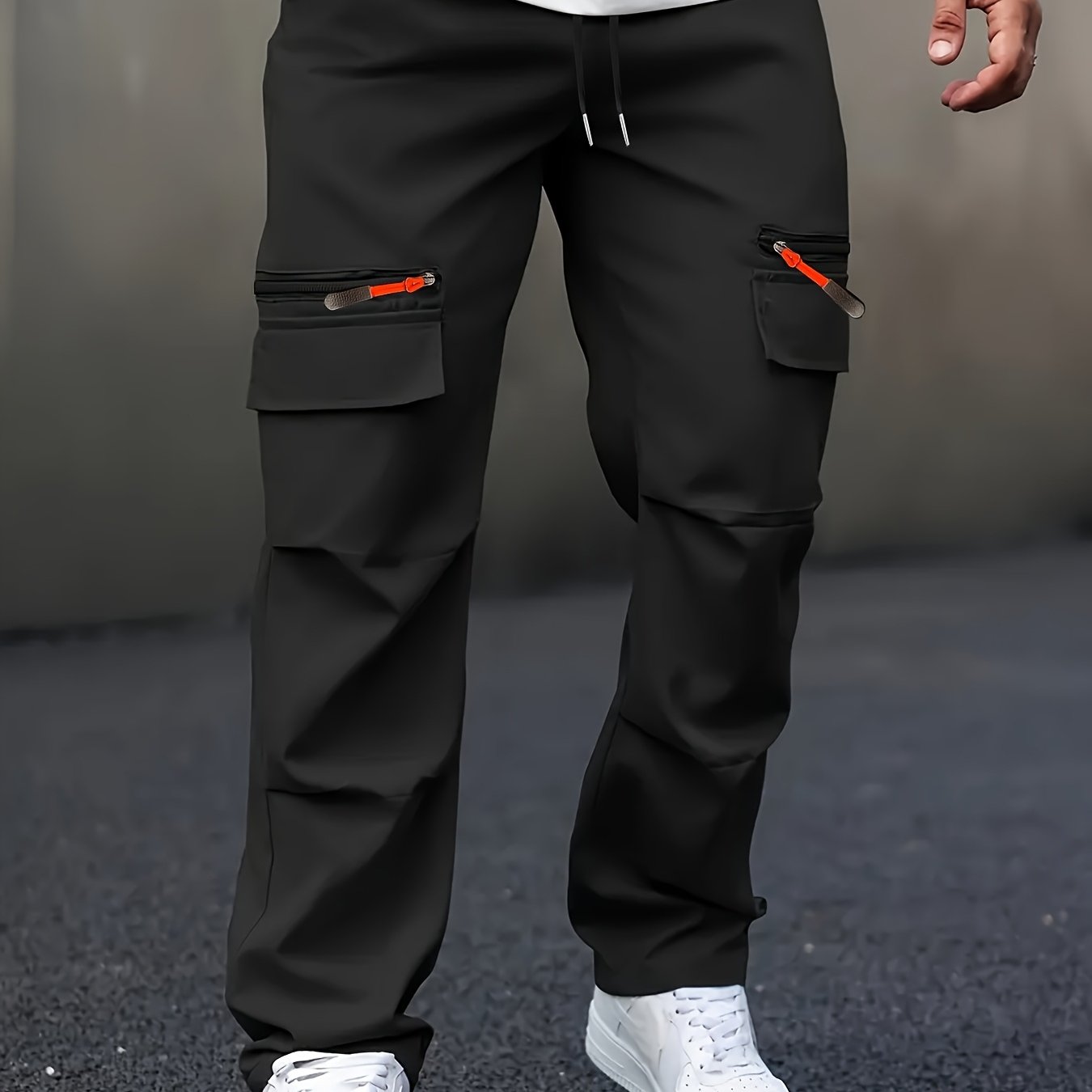 TEMU Men's Stylish Cargo Pants With Zipper Pockets, Suitable For , Featuring A Loose Fit And Drawstring Straight Legs