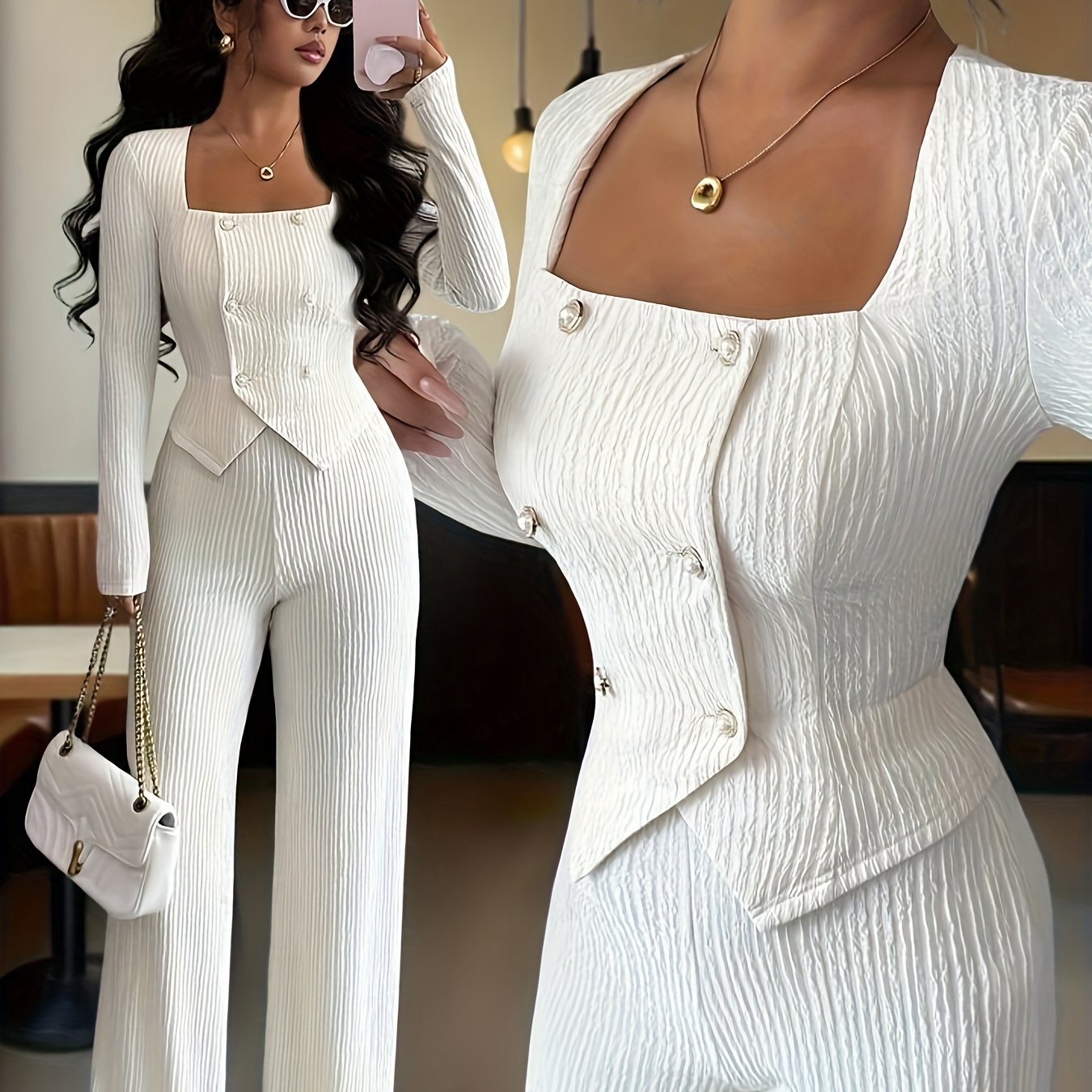 Women's Autumn/winter New Solid Neck Long Sleeve Slim And Loose Pants Simple And Elegant 2pcs Set