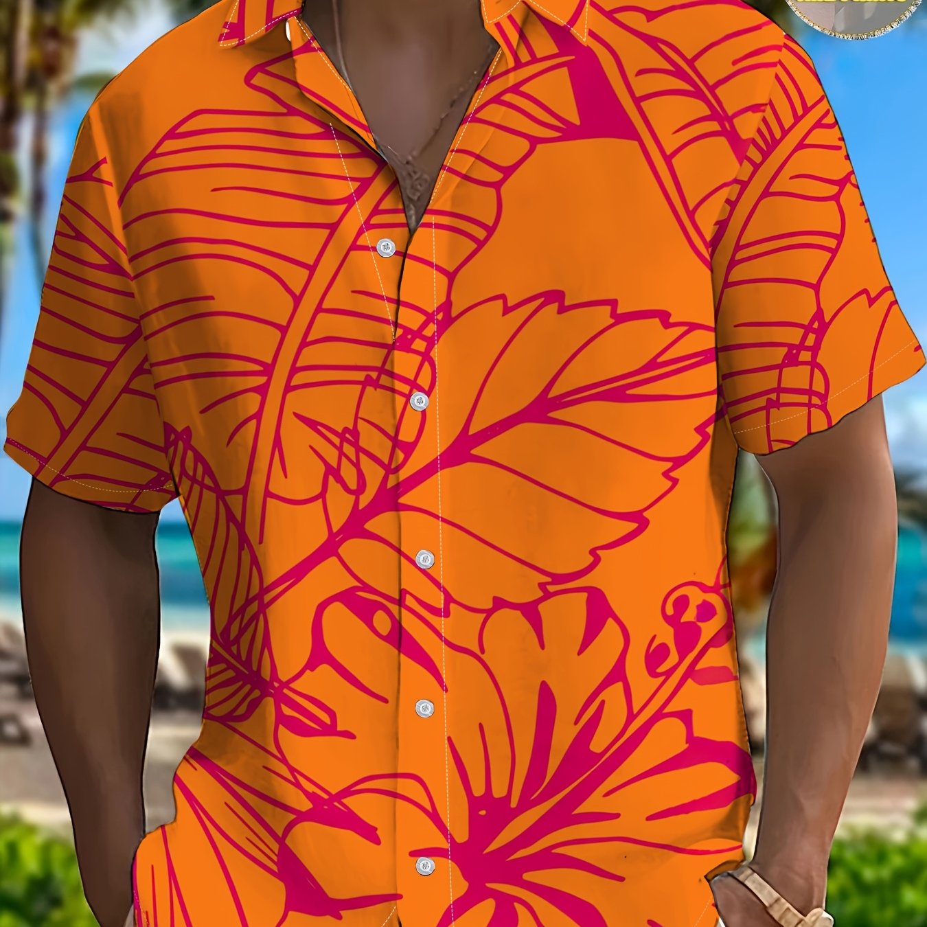 TEMU T-shirt à manches courtes pour homme, orange et rose, motif floral, style , imprimé tropical, haut décontracté