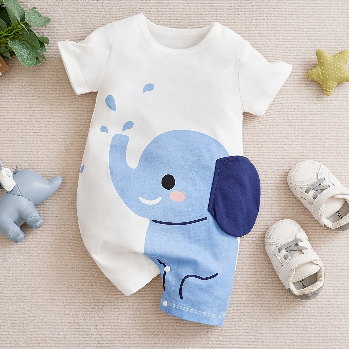Image of Cartoon Elephant Pattern Print 3d Ear Design Summer Short Sleeve Baby Bodysuit, For Outdoor