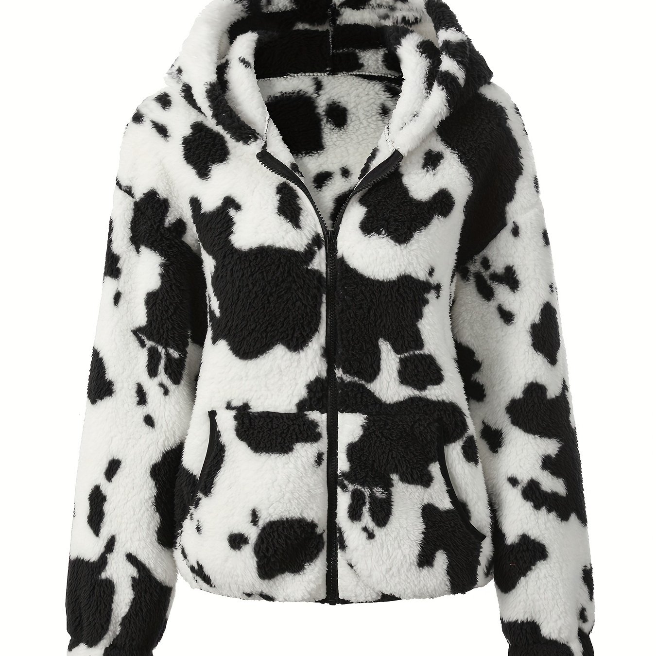 TEMU Women's Casual Hooded Jacket. Elegant Cow Print Hooded Plush Coat, Machine Washable, Zipper, Pockets, Suitable For Fall/winter, Outerwear