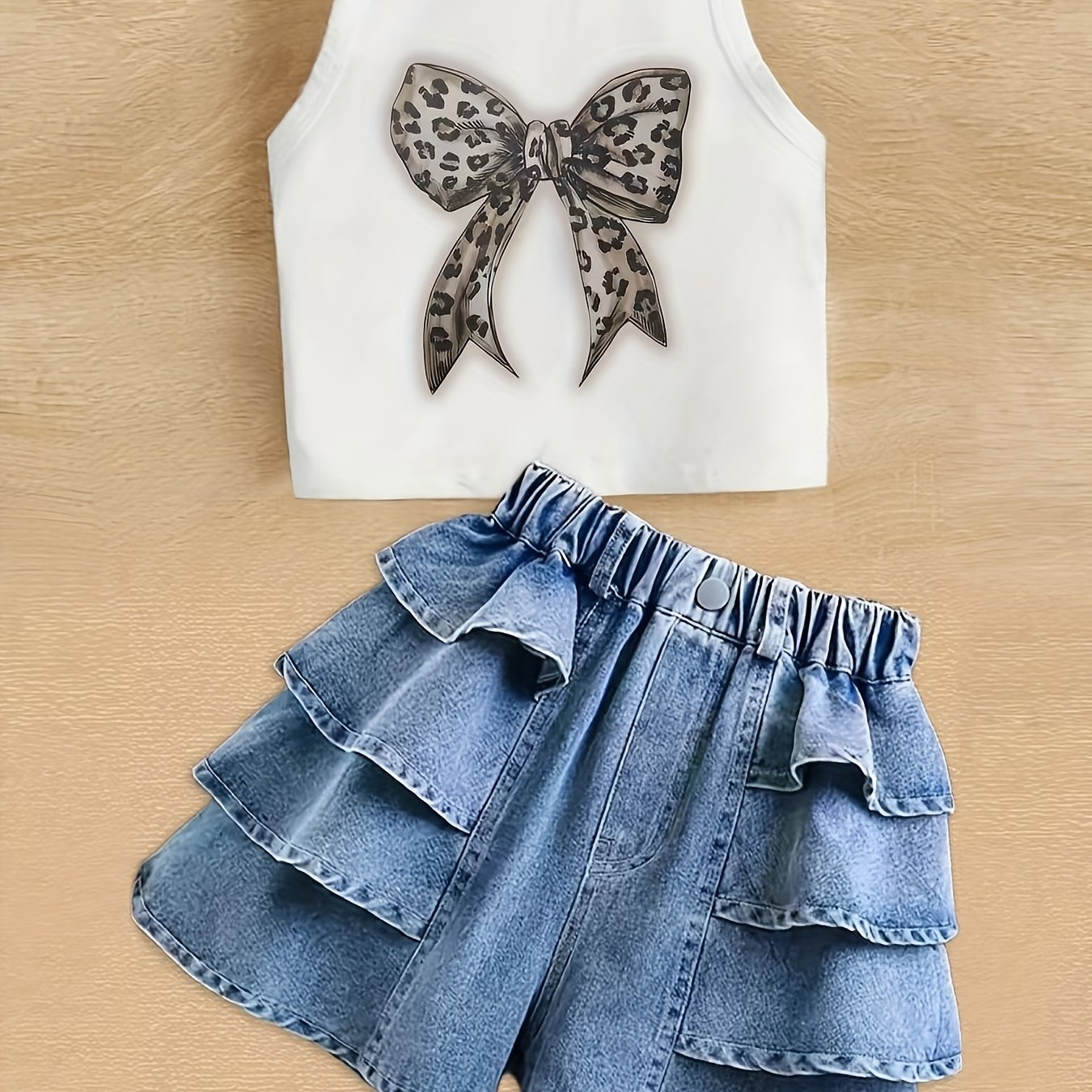 Image of 2pcs Girls' Denim Shorts And Vest Top Set, Spring Summer , Essential Denim Shorts Outfit For Girls, Ideal Gift Set, For Outdoor