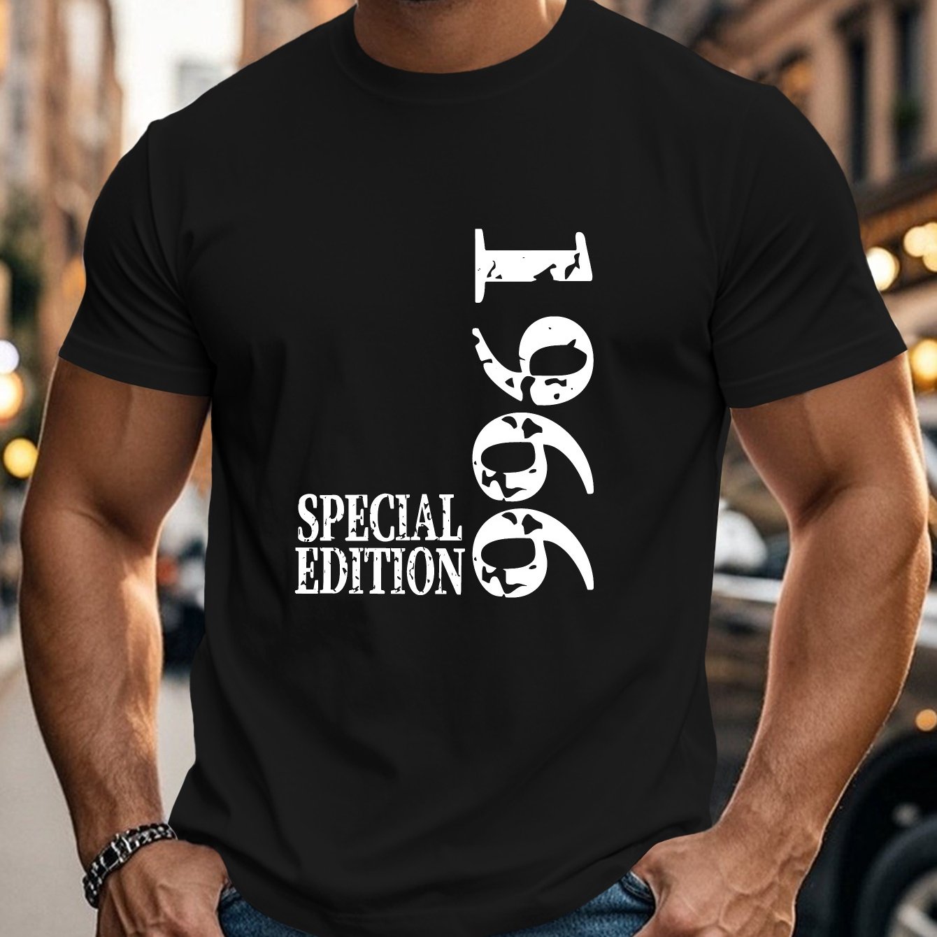 Image of Men's Plus Size 1966 Special Edition Vintage T-shirt - Retro & Number Graphic Tee, Bohemian Round Neck Short Sleeve Shirt Suitable For Gym & Casual Wear, Machine Washable Apparel, Plus Size