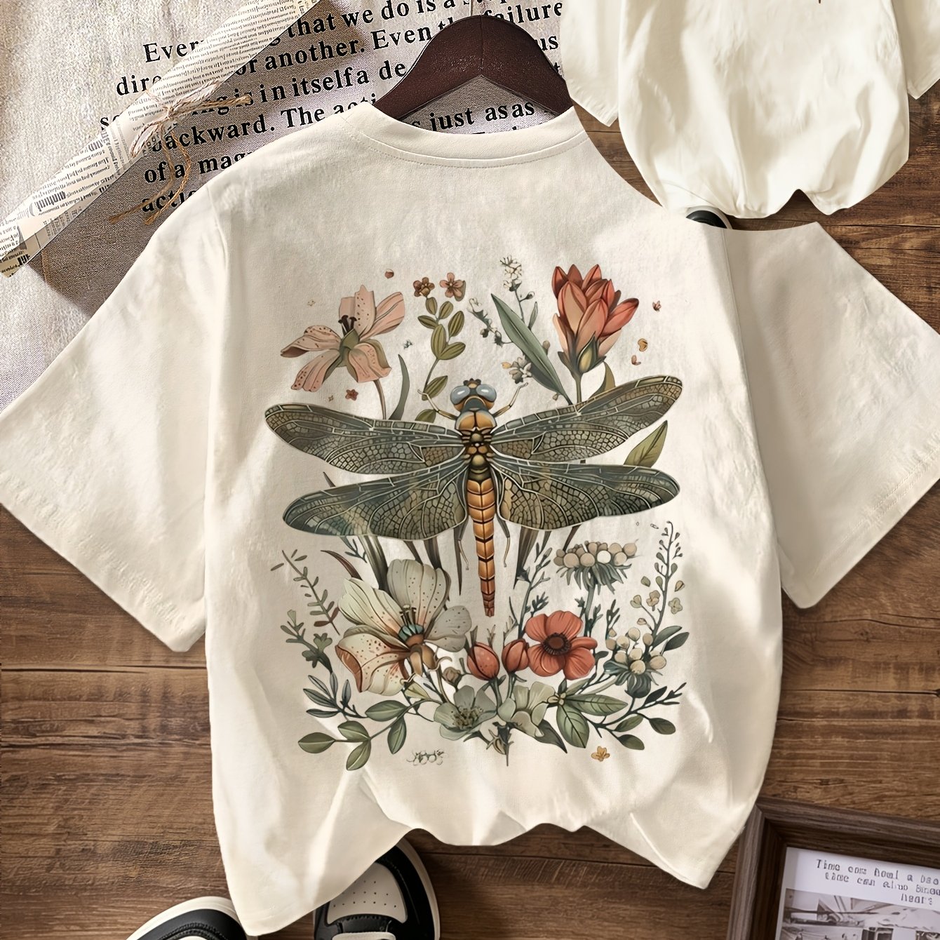 TEMU Women's Short-sleeve Crew Neck T-shirt With Dragonfly And /green Plant Pattern, Perfect For And Y2k Casual Wear