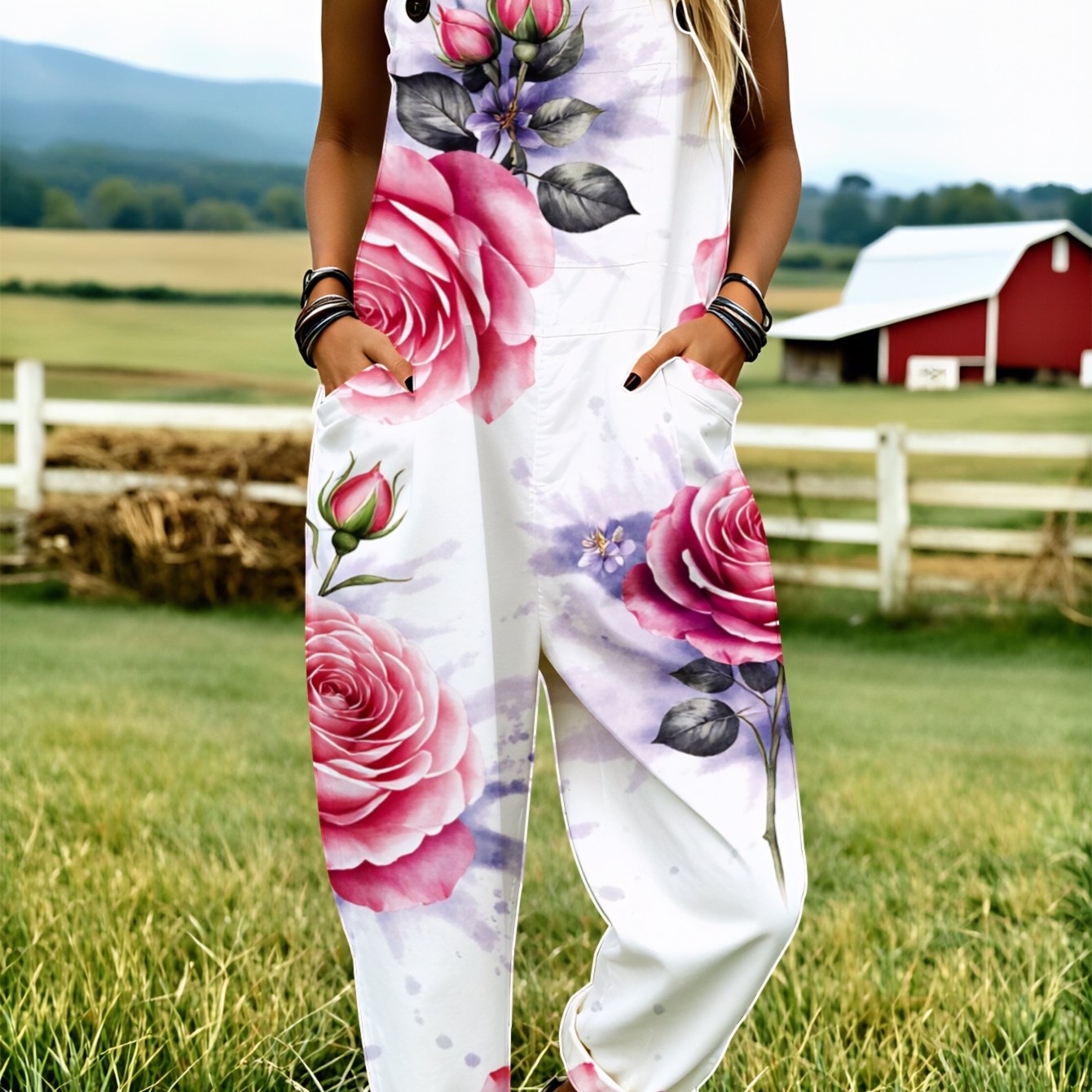 Image of Women' Size Overall Jumpsuit, Size S-2xl Pink Rose Floral Loose-fitting Overalls Casual Wear Machine Washable Suitable For Daily Wear And , An Ideal Gift For .