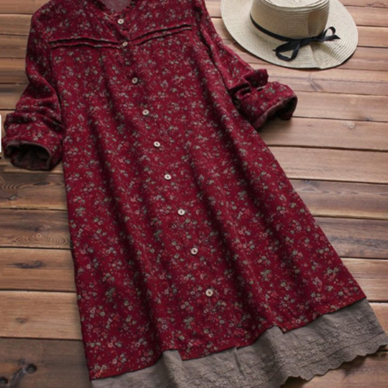 E-shop Elegantes Damen-Langhemd mit Blumendruck, Langarmhemd mit Pilzkragen Knopfleiste, Spitzen-Patchwork-Kleid „Niannian“