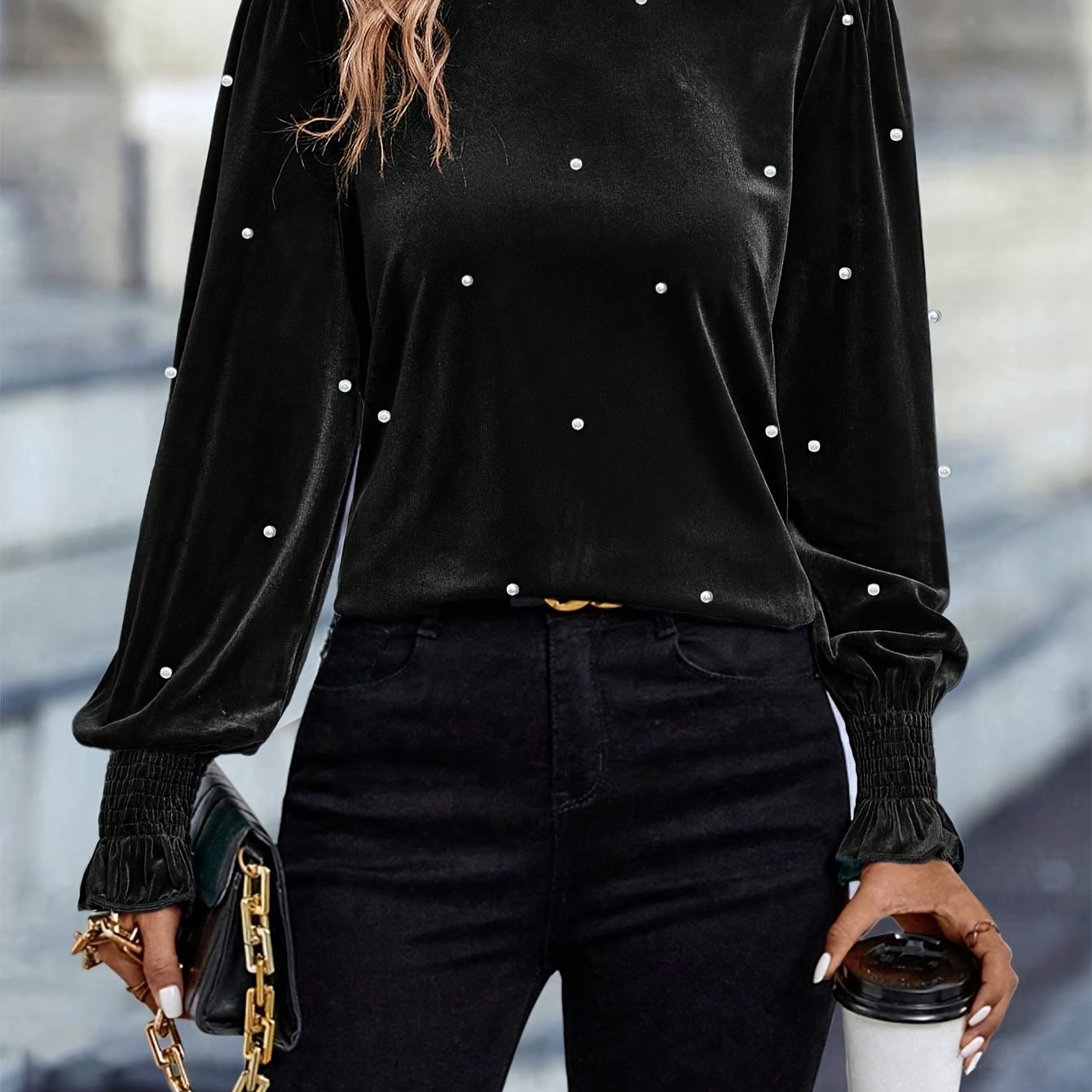TEMU Women's Autumn And , Office, Evening Party, Casual, Elegant, Large-scale, Pearl-decorated, Wooden-edge Collar, Black Velvet, Long-sleeved Top