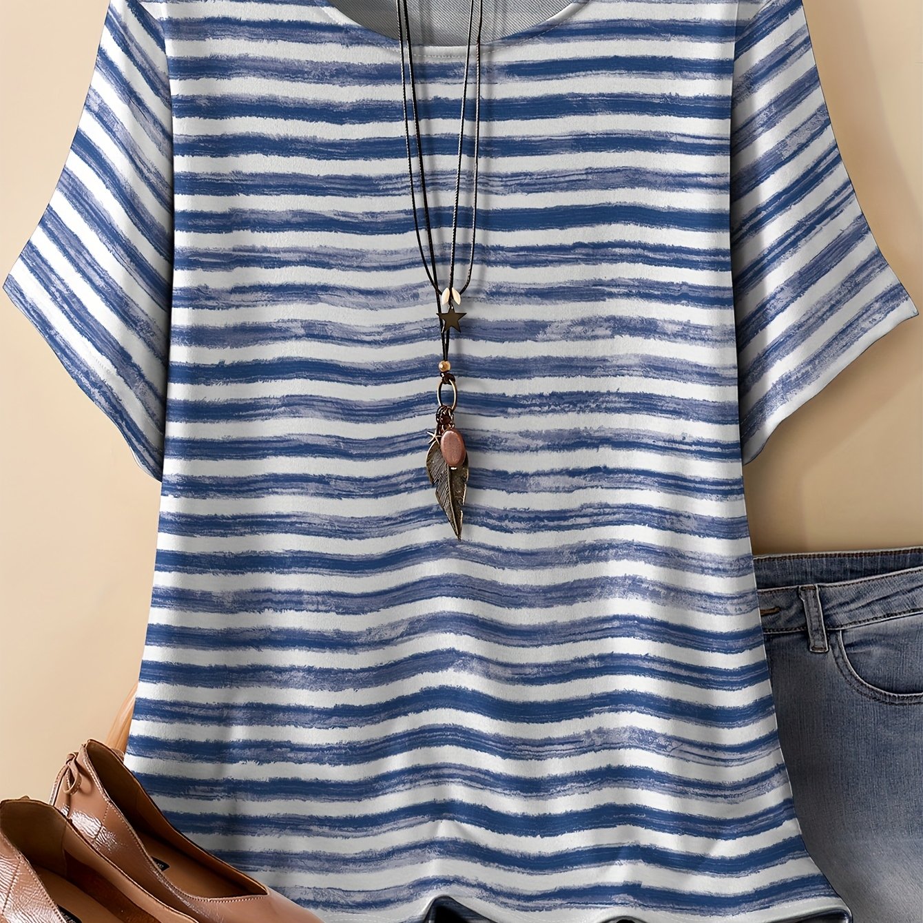 Plus Size - Plus Size - Women's Plus-size Short-sleeve T-shirt With Contrasting Color Prints, Featuring A Round Neck And A Loose Fit. Additions Not Included