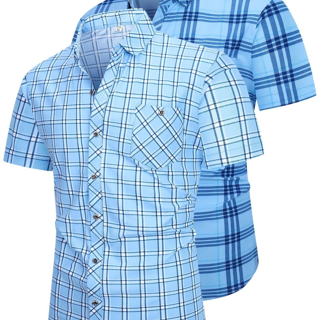 TEMU 2pcs Plus Size Men's Casual Short Sleeve Plaid Shirt, Plus Size, Regular Fit, Shirt Collar, Button-up, Chest Pocket