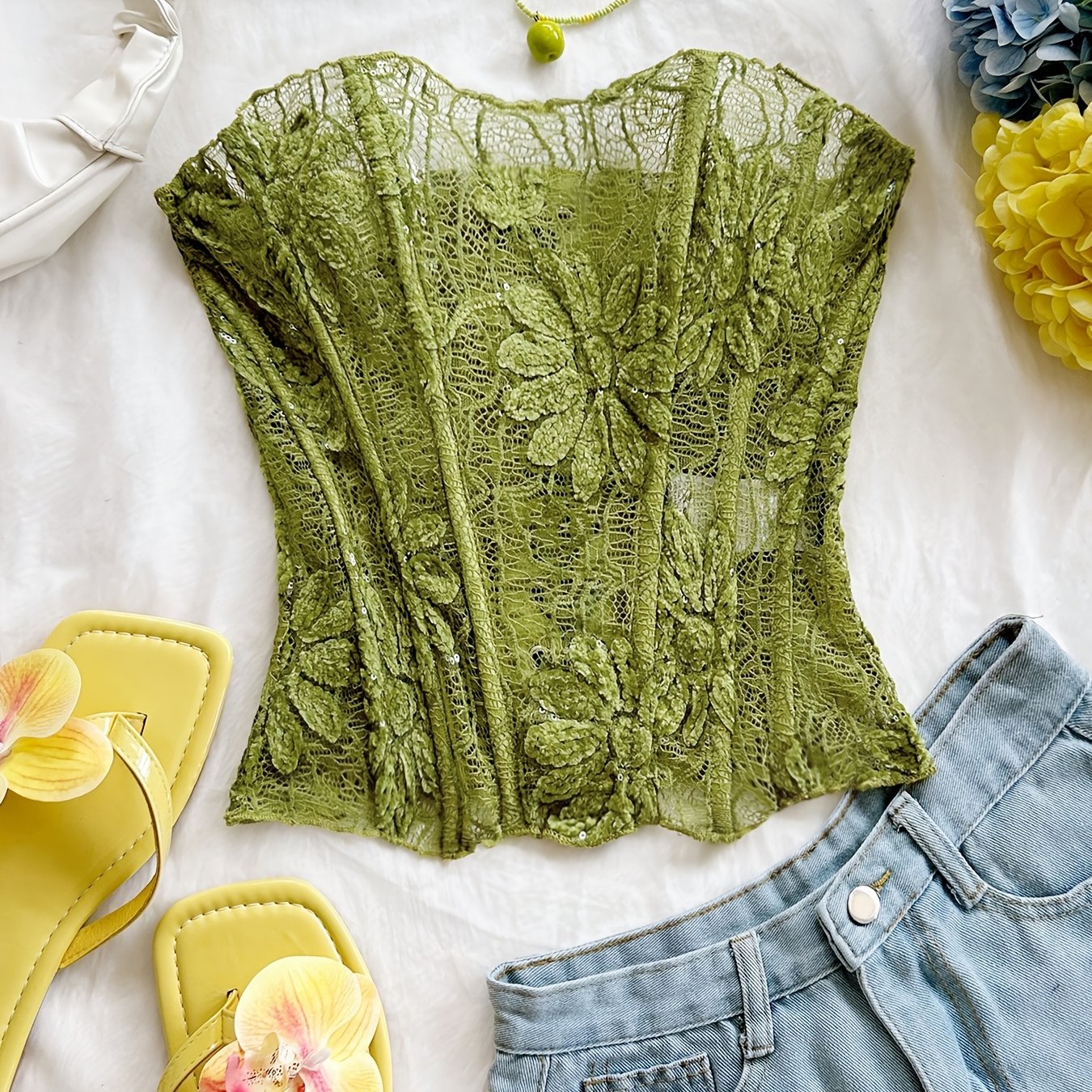 TEMU Autumn Clothing, Women's Floral Lace Fishbone Corset, Short Back Tie Vest, Outfit, Fall/ Suitable For Parties, Romantic Nights, Honeymoon Dates,
