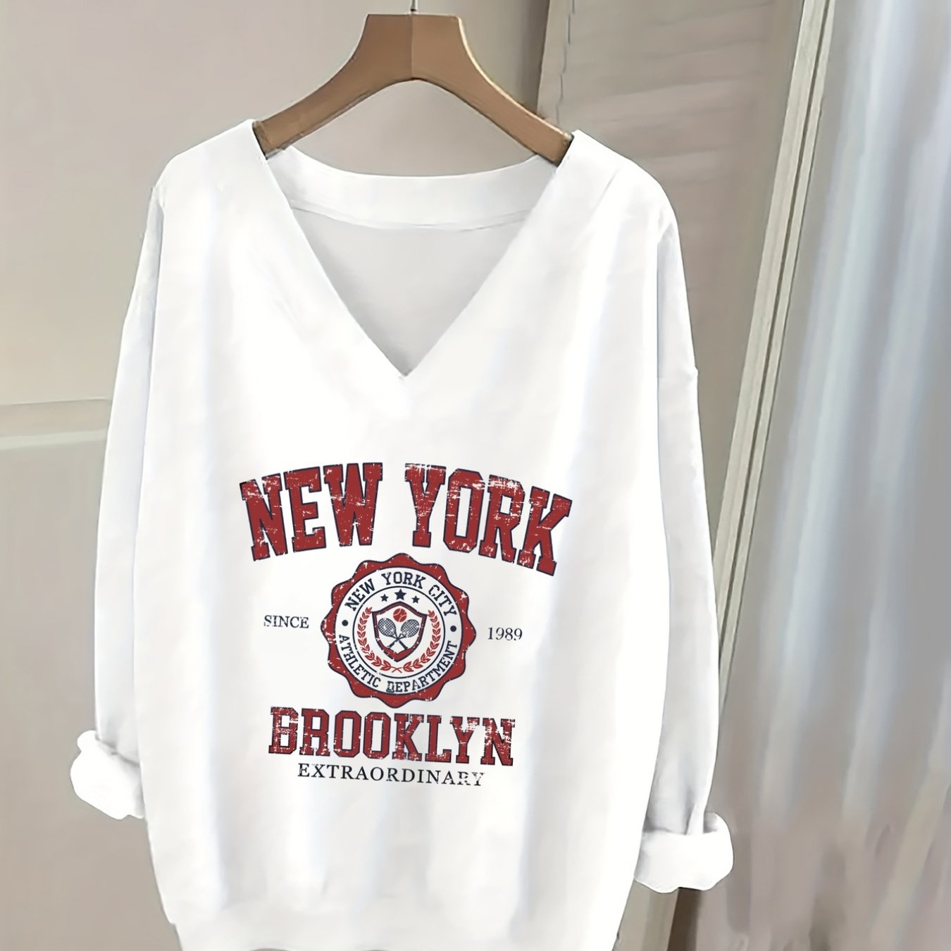 TEMU Women's V-neck Long Sleeve Sweatshirt With Slogan Print, Warm And Comfortable, Fashionable Casual Wear, Best Fashion Item For Autumn And Winter,