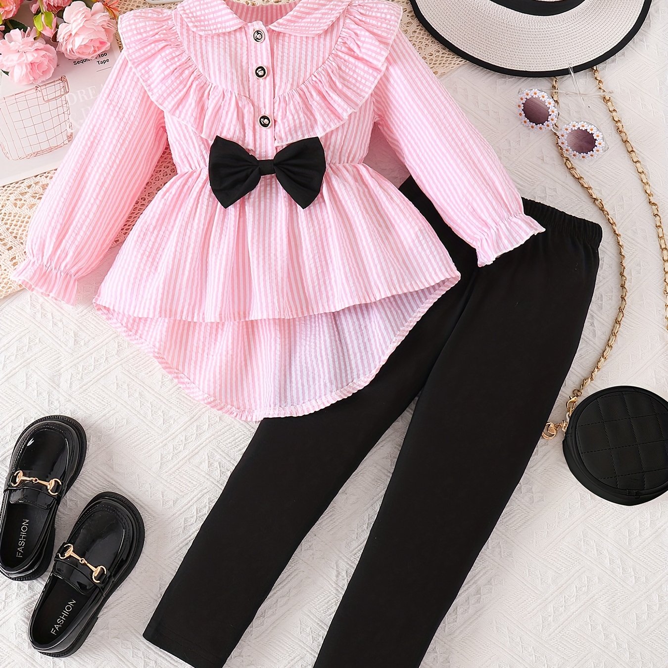 Image of Girls' 2pcs Outdoor Set, Fashionable Spring/autumn Striped Half-cardigan With Ruffle Bow Decoration, Drawstring Long-sleeve Notch Neck Top + Long Pants, Perfect For Outdoor,halloween
