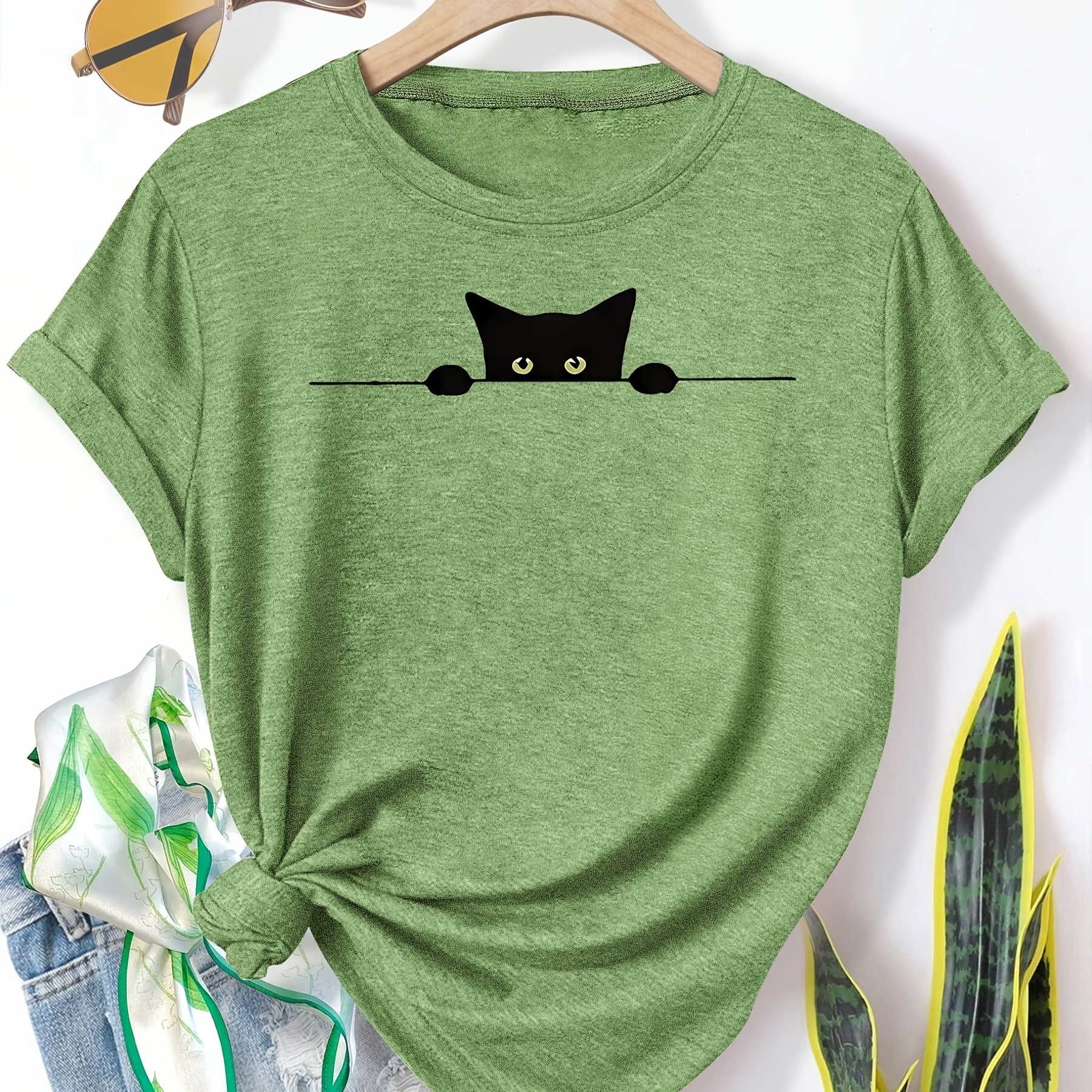 TEMU Little Black Cat Amber Eyes Peek-a-boo Pattern Print Fashion Retro Style Women's Spring Autumn Winter Casual Athletic Neck Short Sleeve T-shirt