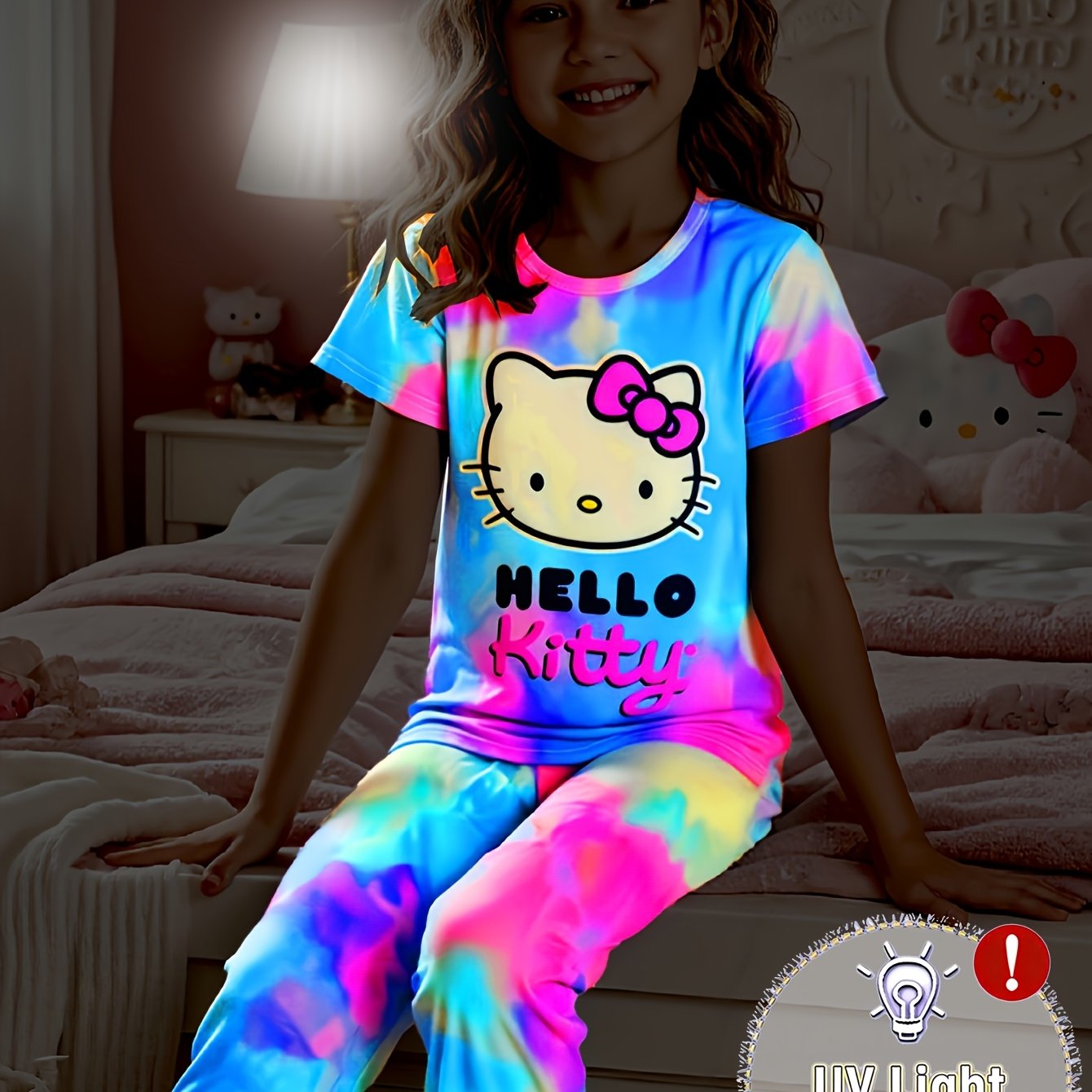 Image of Flame-retardant Girls' Pajamas, Fluorescent Hello Kitty ( Under Light) Print Short Sleeve Nightgown And Bow Print Long Pants 2pcs Set, Halloween