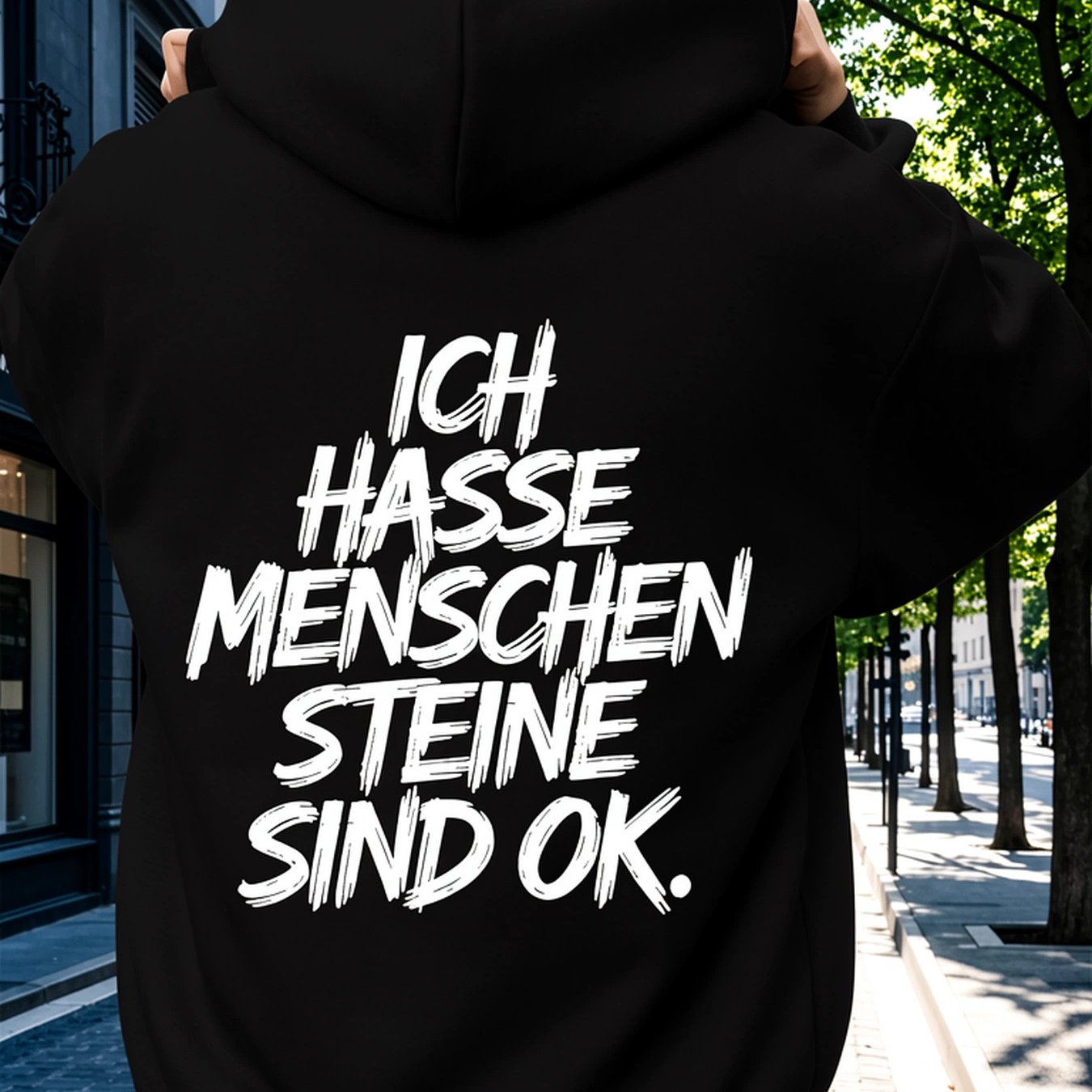 Image of Ich Menschen Steine Sind Ok, Men's German Graphic Hoodie, Funny Quote Hooded Sweatshirt, Long Sleeve Pullover, Text Print Streetwear, Relaxed Casual Top For Fall Winter, Daily Wear Travel